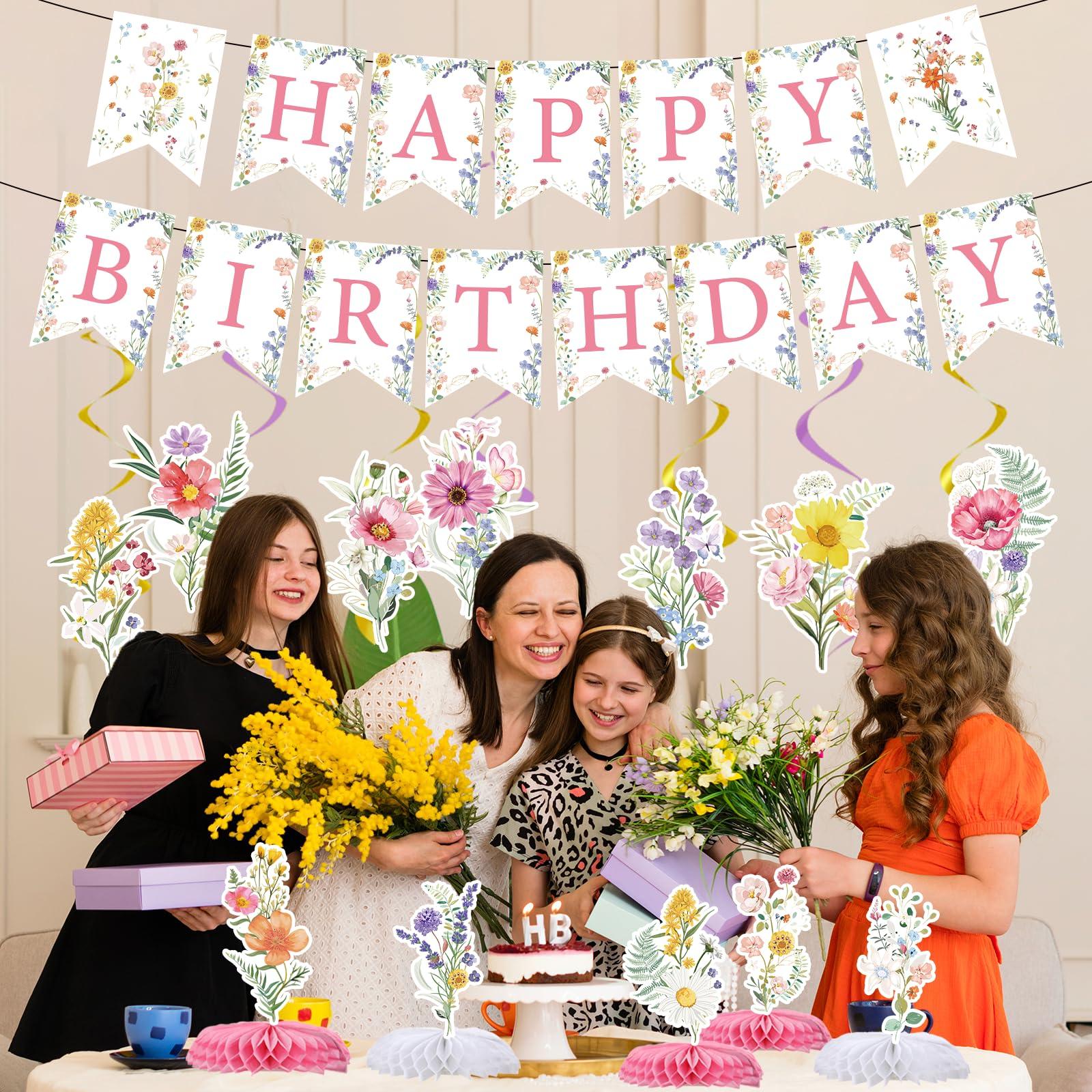 Rngmsi Flower Birthday Decorations for Girls Women, 14PCS Wildflower Floral Happy Birthday Banners Hanging Swirls and Honeycomb Centerpieces Decor Supplies - Image 6