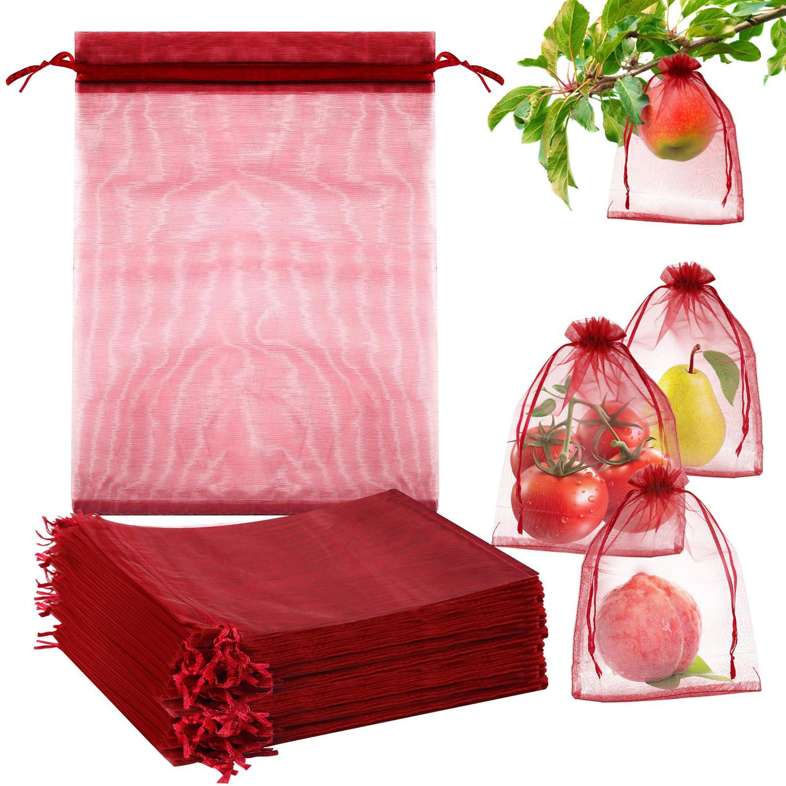 Fruit Protection Bags, 100PCS 6.7x9in Wine Red Fruit Bags for Fruit Trees, Fruit Netting Cover Bags Barrier, Fine Mesh Drawstring Bag Protectors for Fruits & Vegetables Garden Apple
