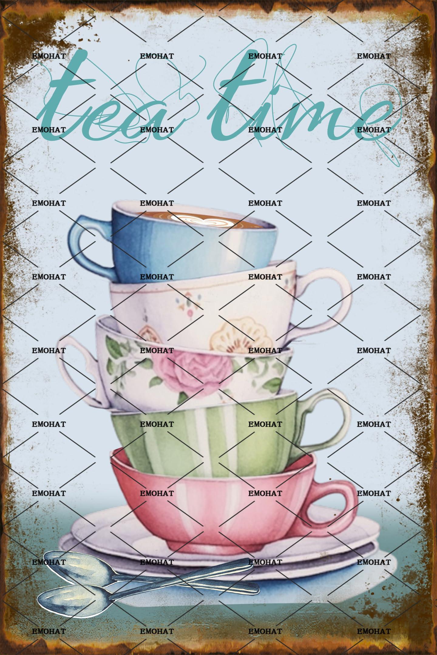 EMOHAT Vintage Style Metal Tin Sign Wall Decoration Tea Cup Tea Time Coffee House Dessert Shop Metal Plaque Tin Poster Home Bar Pub Garage Shop Kitchen Restaurant Tin Metal Sign 8x12 Inch