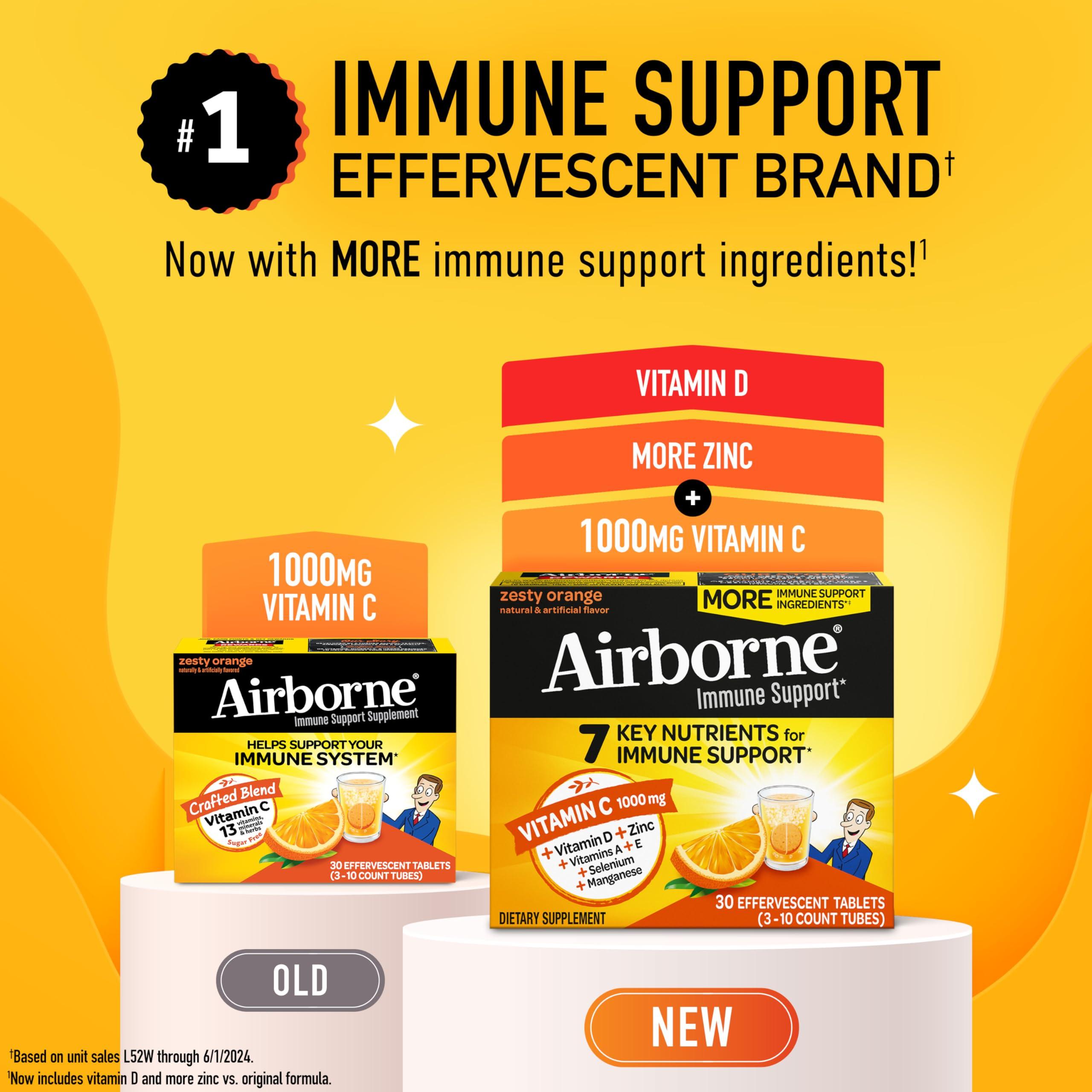 Airborne Vitamin C 1000mg (per Serving) - Zesty Effervescent Tablets, Gluten-Free Immune Support Supplement, Echinacea & Ginger, Orange, Citrus, 30 Count (Pack of 3) - Image 2