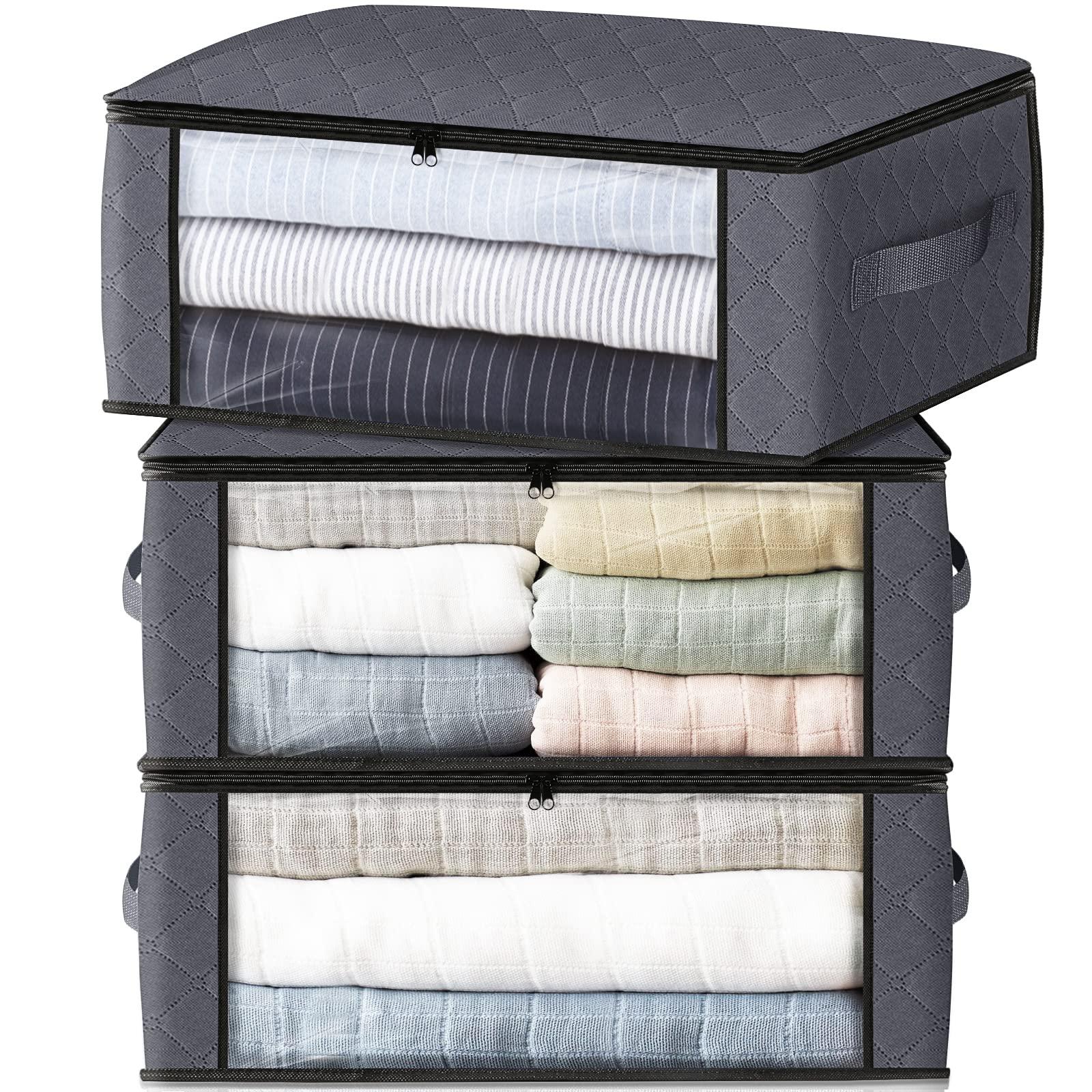 HomeHacks Storage 3-Pack Clothes Organizer Storage Bags Foldable Storage Box with Large Clear Window Sturdy Handles for Closet, Dorm, Pillows, Bedding, Clothes, Blankets, 35L, Gray