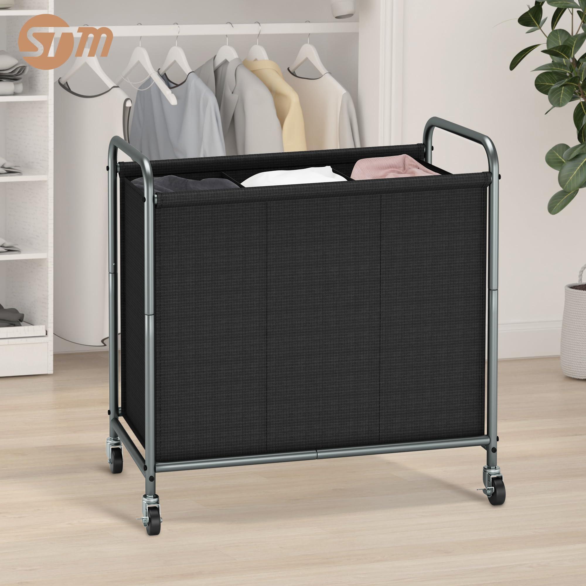 STORAGE MANIAC Rolling Laundry Hamper, 165L Laundry Basket with Lockable Wheels, Triple Clothes Sorter Cart, 3 Bag Clothes Separator Hamper for Closet, Bathroom, Laundrys Room, 3 Section Black - Image 7