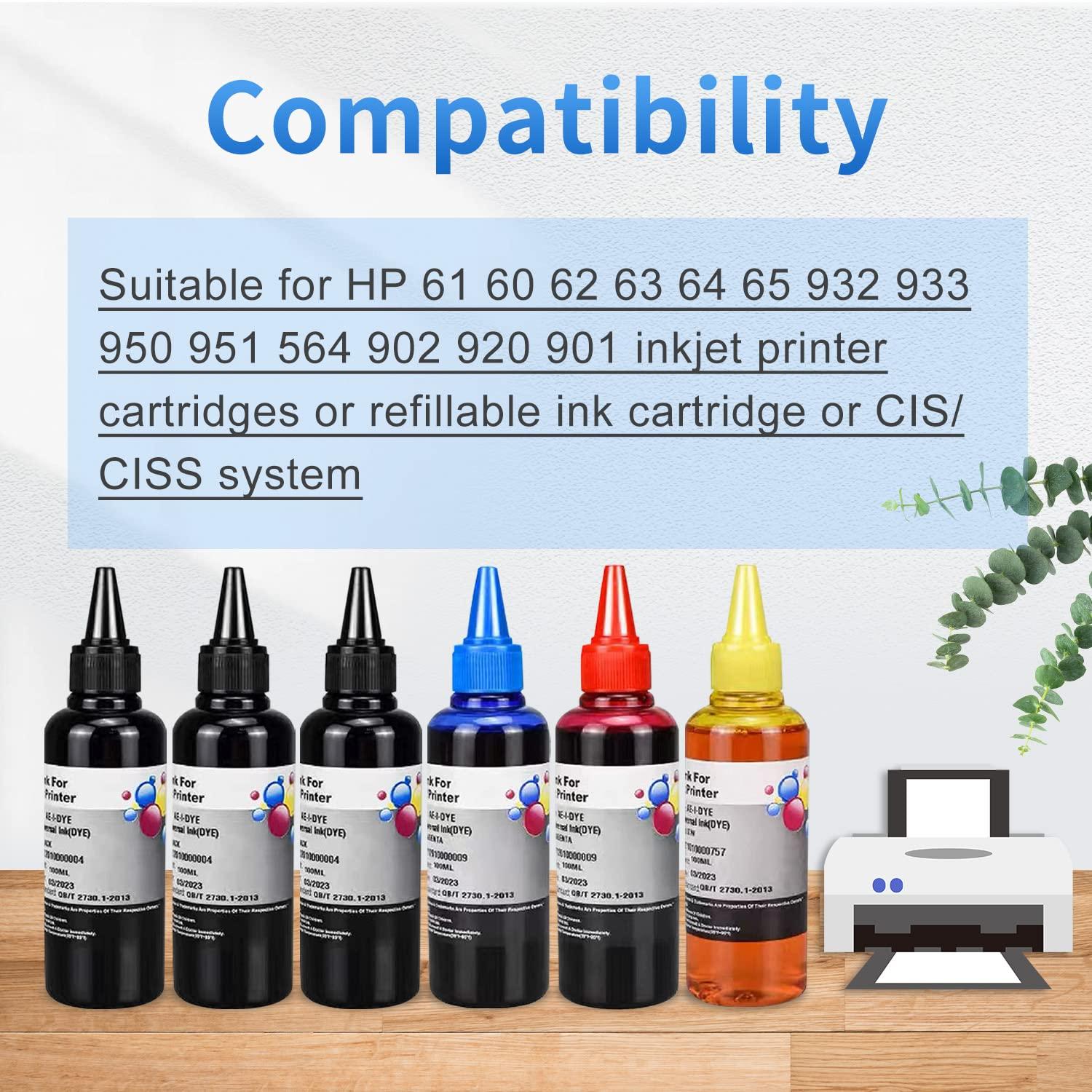 AYMSous Ink Refill Kit for HP 60 61 63 64 65 902 932 952 950 951 564 Refillable Ink Cartridge for HP Envy 4500 4520 5643 OfficeJet 6500a 6500 6000(6x100ML 3 Black, 1 Cyan. 1 Magenta, 1 Yellow) - Image 6