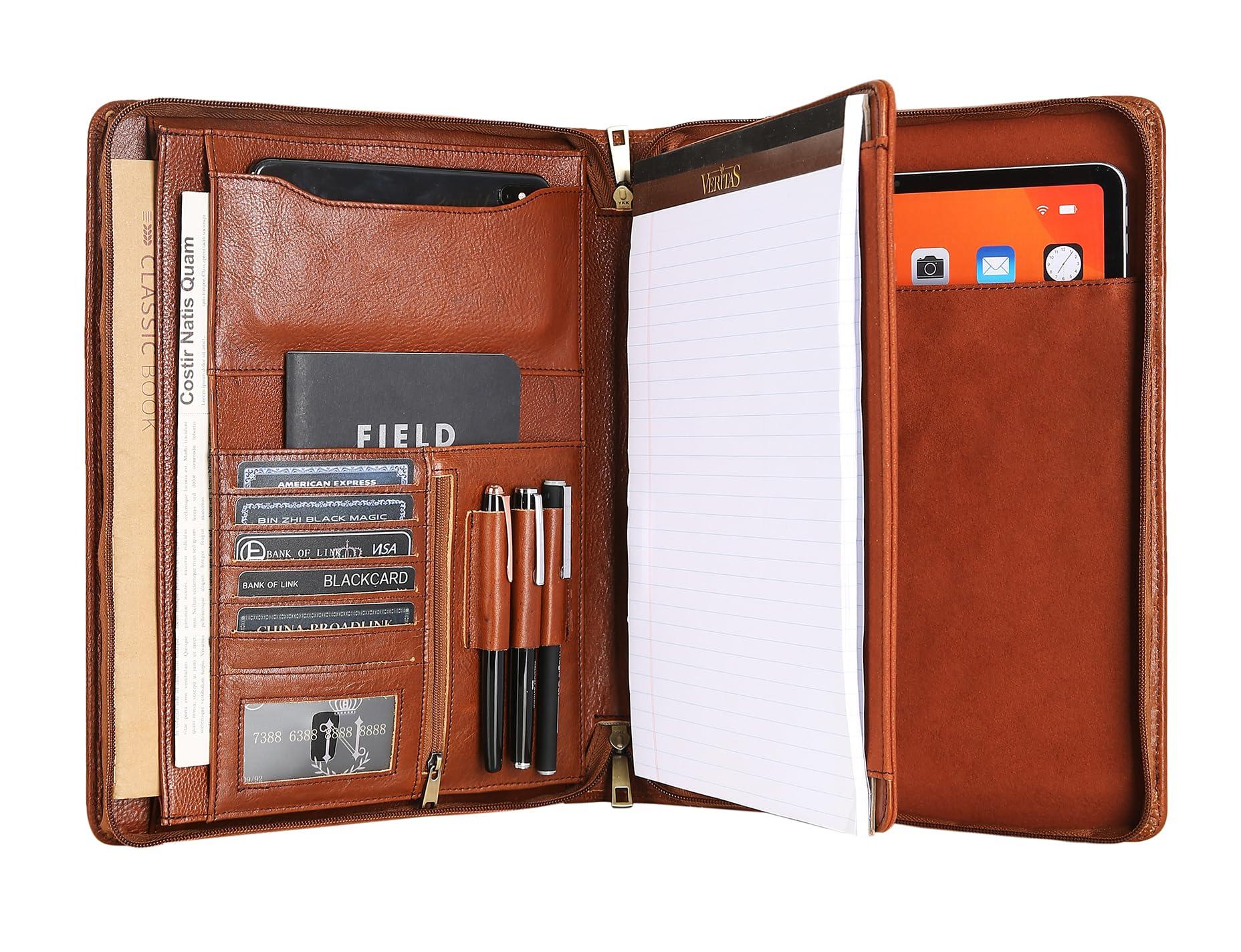Handmade Genuine Leather Portfolio Organizer for IPad/Document, Business Padfolio with A4 Leather Notepad Holder, Leather Compact Folder Conference Portfolio for Men and Women, Oil-Brown