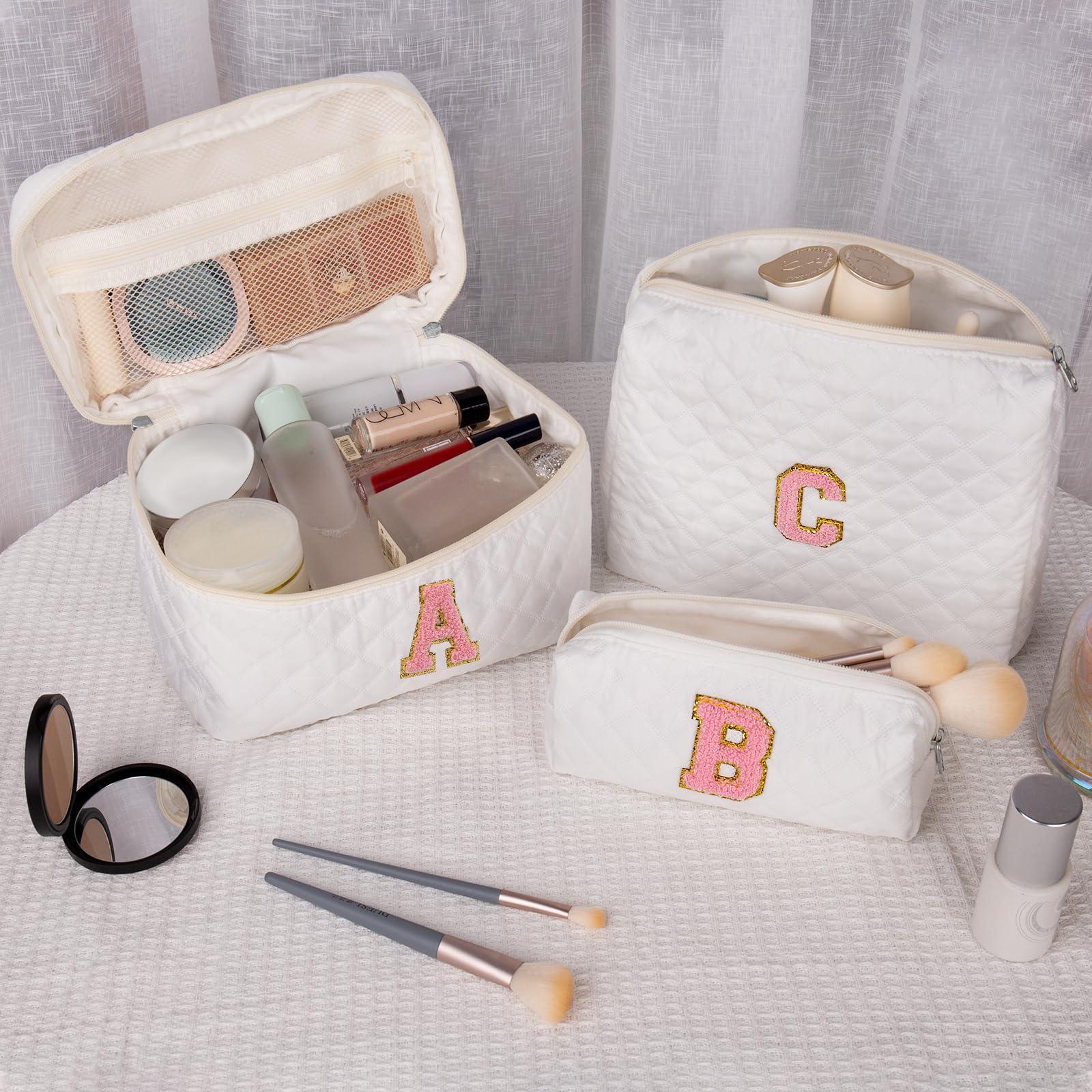Makeup Bag, Quilted Make Up Bag,Large Initial Cosmetic Bag for Women, Cute Cotton Makeup Bags Set, Personalized Travel Toiletry Bag for Teen Girl Friend Sister Wife Girlfriend Gifts M - Image 2
