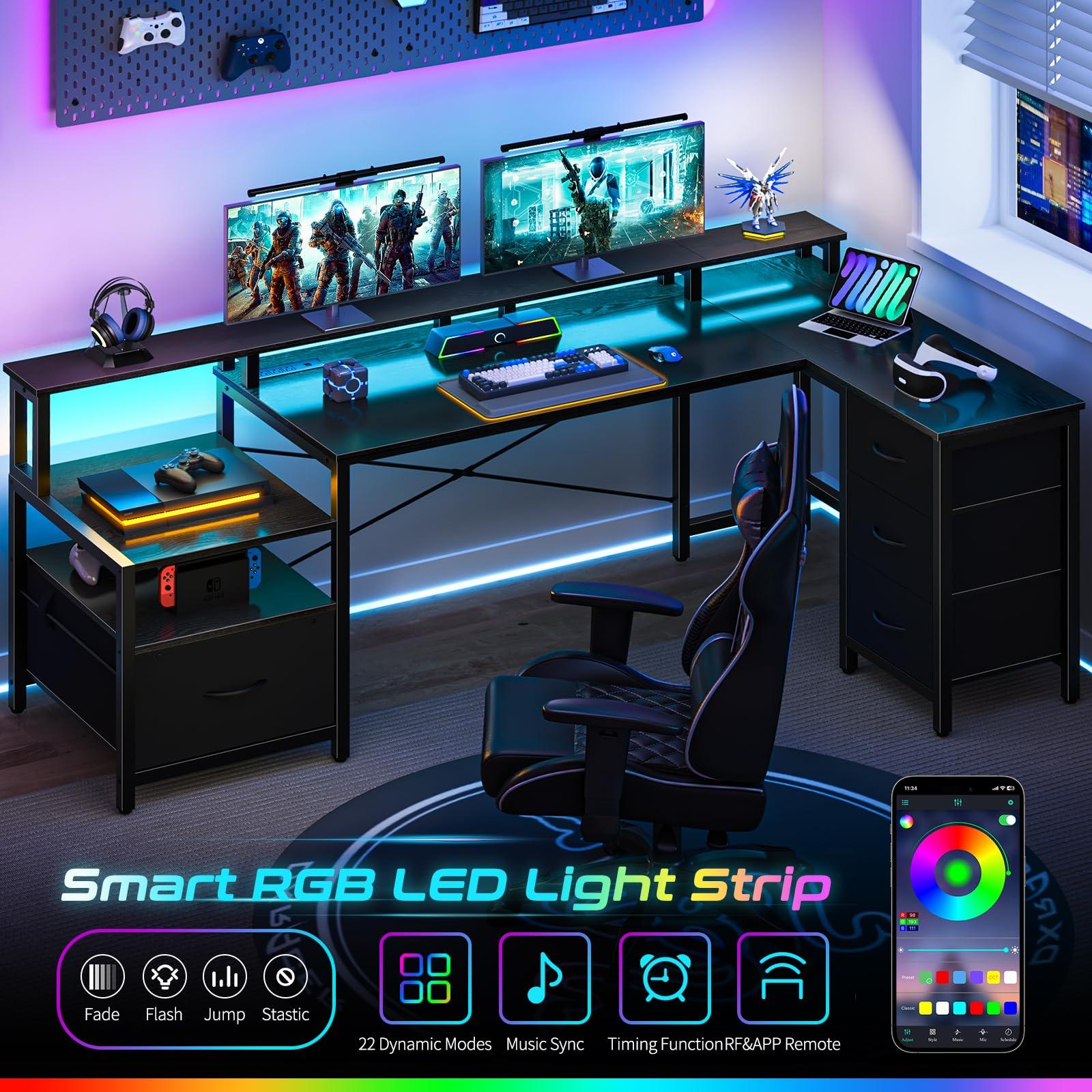 Yoobure L Shaped Desk with Drawers, Gaming Desk with LED Lights & Outlets, 75" Reversible Computer Desk with Storage File Cabinet & Printer Stand, Corner Desk Office Desk with Dual Monitor Stand Black - Image 4