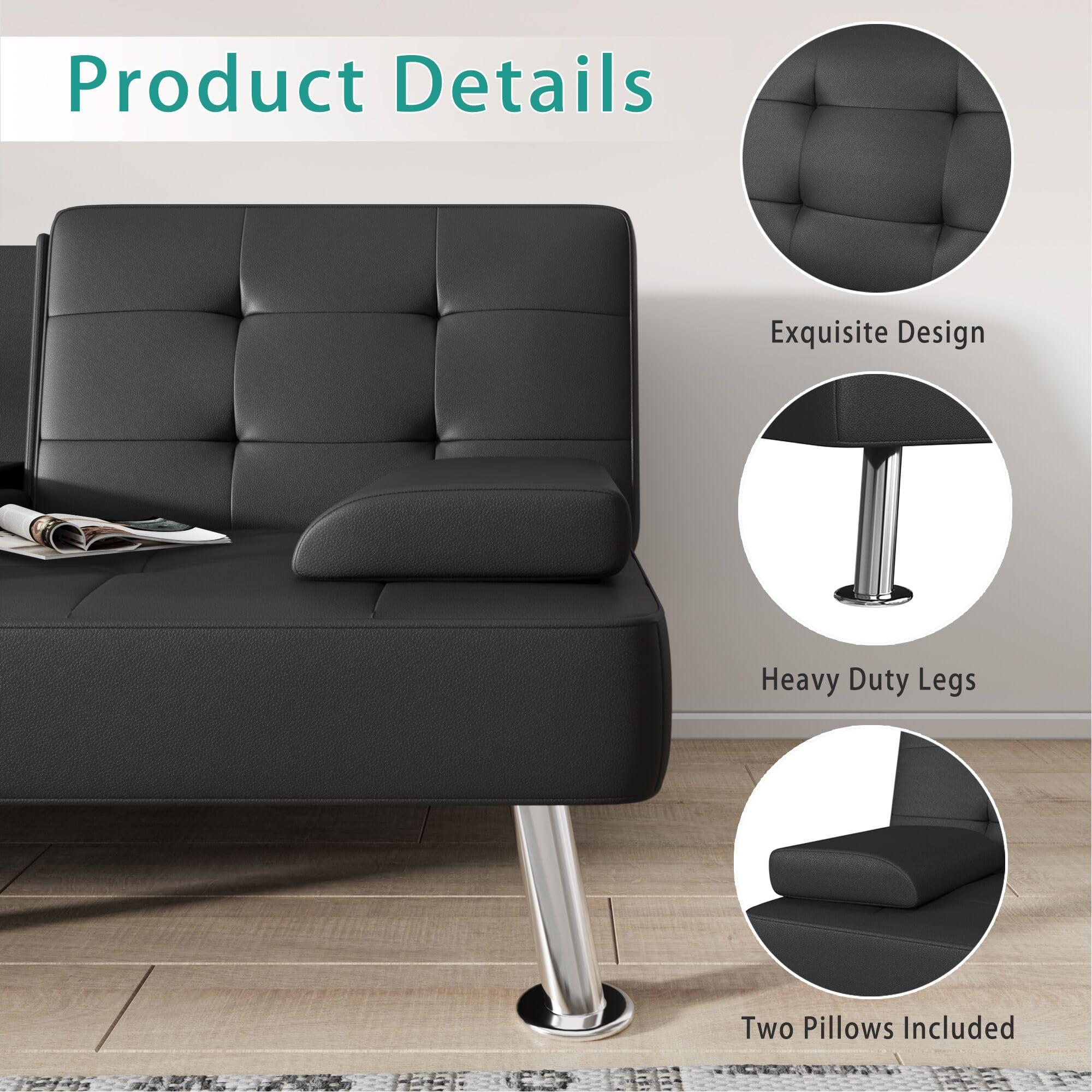 Flamaker Futon Sofa Bed Modern Folding Futon Set Convertible Recliner Lounge for Living Room with 2 Cup Holders, Removable Armrests (PU Leather, Black) - Image 7