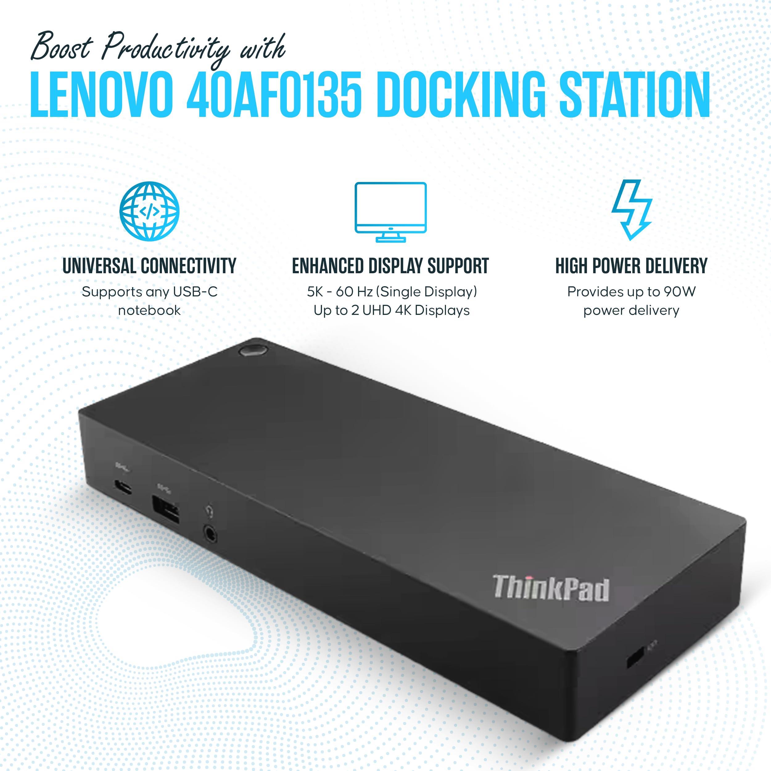 Lenovo 40AF0135US ThinkPad Docking Station Dual Monitor Hybrid USB-C with USB-A -1 Year Warranty - Supports 4K, with 135W, HDMI & DisplayPort Cable – Compatible with Windows (RENEWED) - Image 4