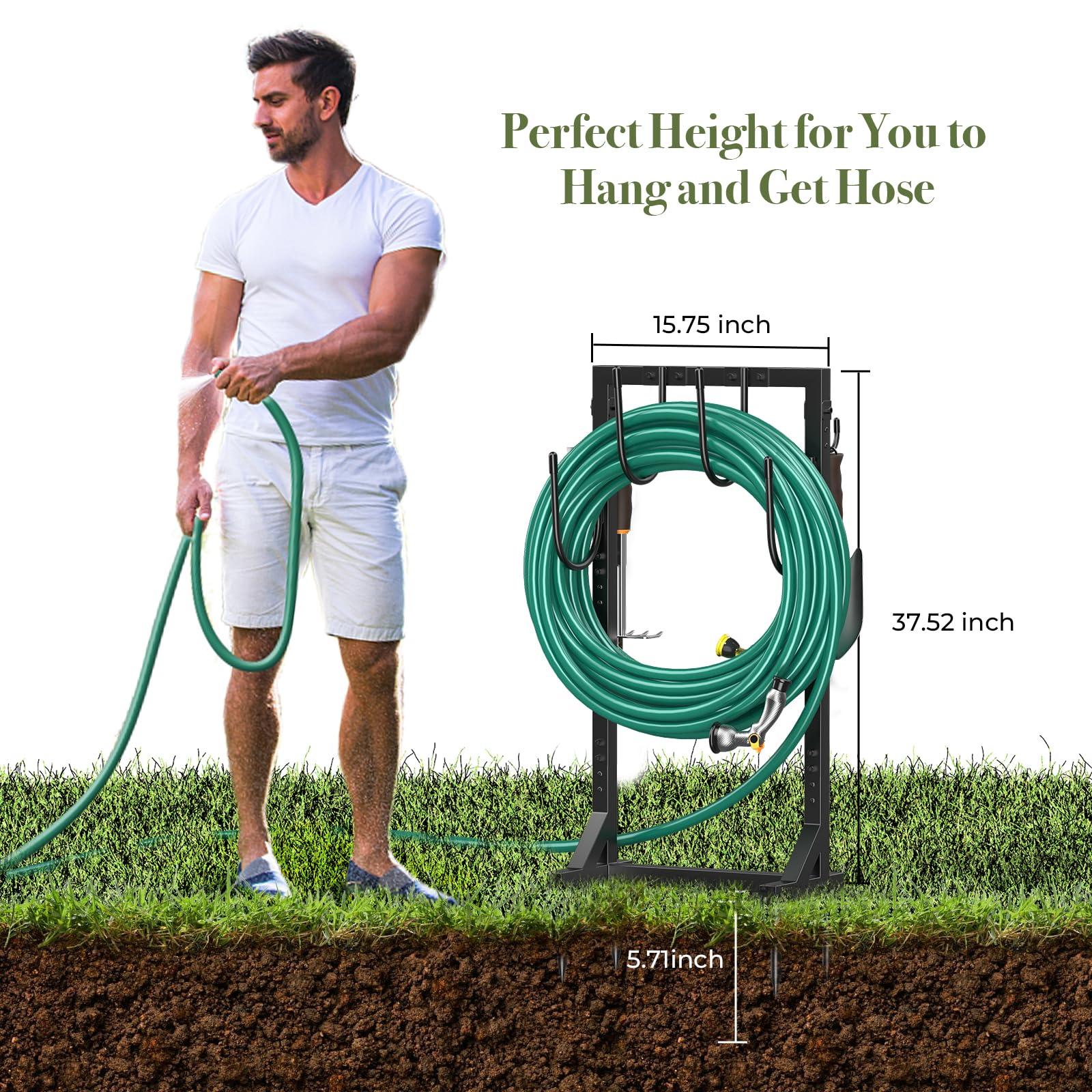 Winpull Garden Hose Holder Water Hose Holder with 4 Spikes, Freestanding Hose Hanger Outdoor Hold Stand Heavy Duty 6 Hooks Metal Garden Hose Storage Hose Reel Rack for Outside (Black) - Image 3