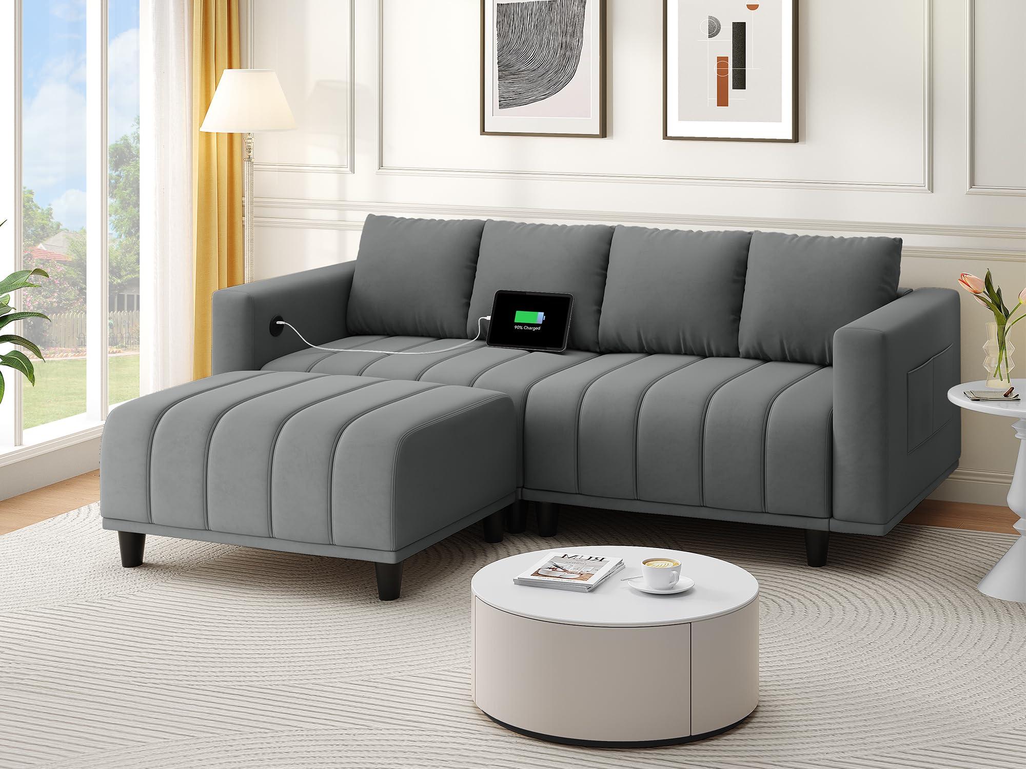 Sectional Couch with Ottoman, 82.6" L Shaped Sofa Velvet Cloud Couch Comfy Deep Seat Modular Sofa Upholstered with USB & Type-C Ports for Living Room Apartment, Dark Grey