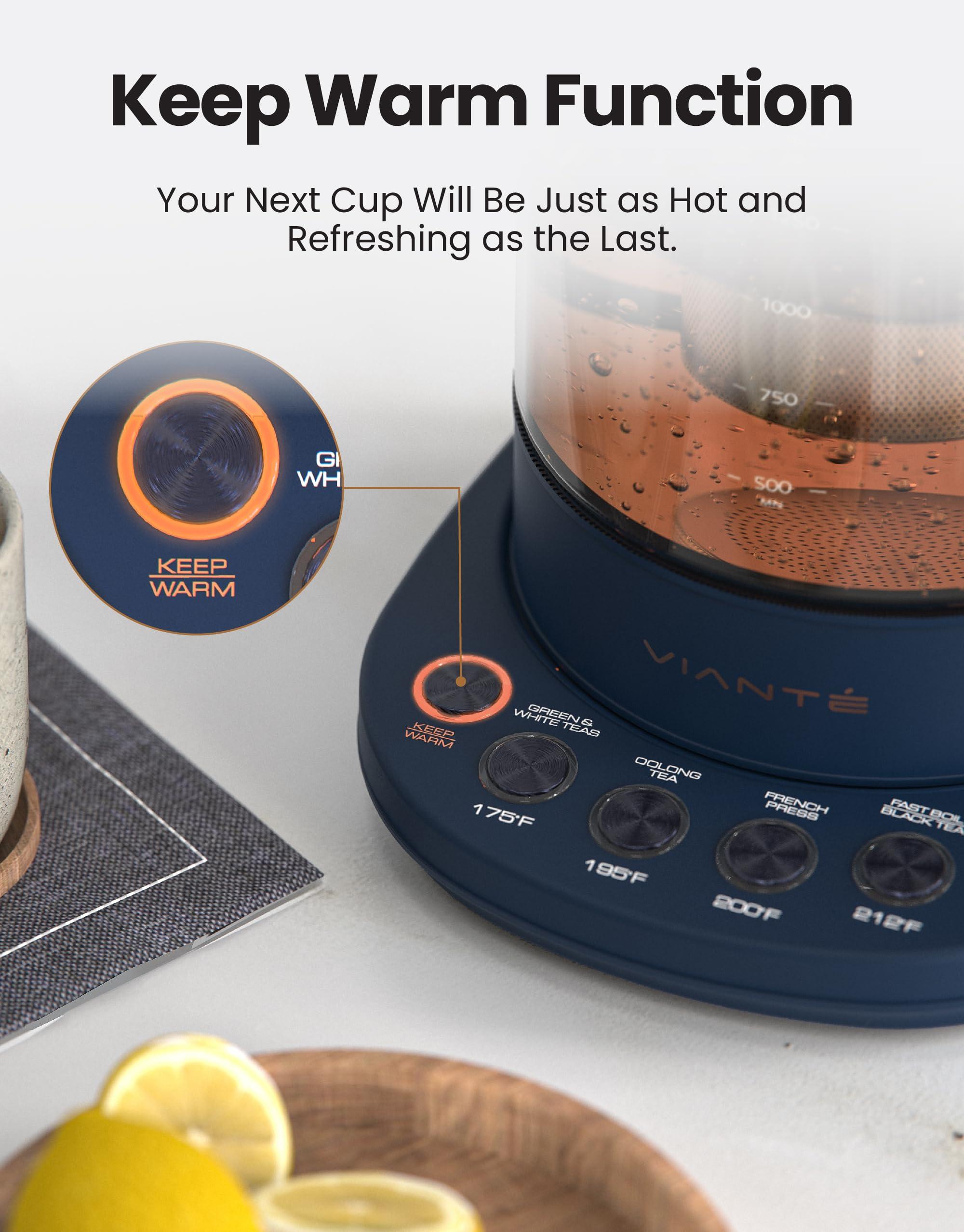Vianté Electric Kettle With Infuser For Loose Leaf Tea. Hot Tea Maker With Temperature Control And Automatic Shut Off. Kettle With Brewing Programs. 1.5 Liters Capacity | Midnight Blue Color - Image 6