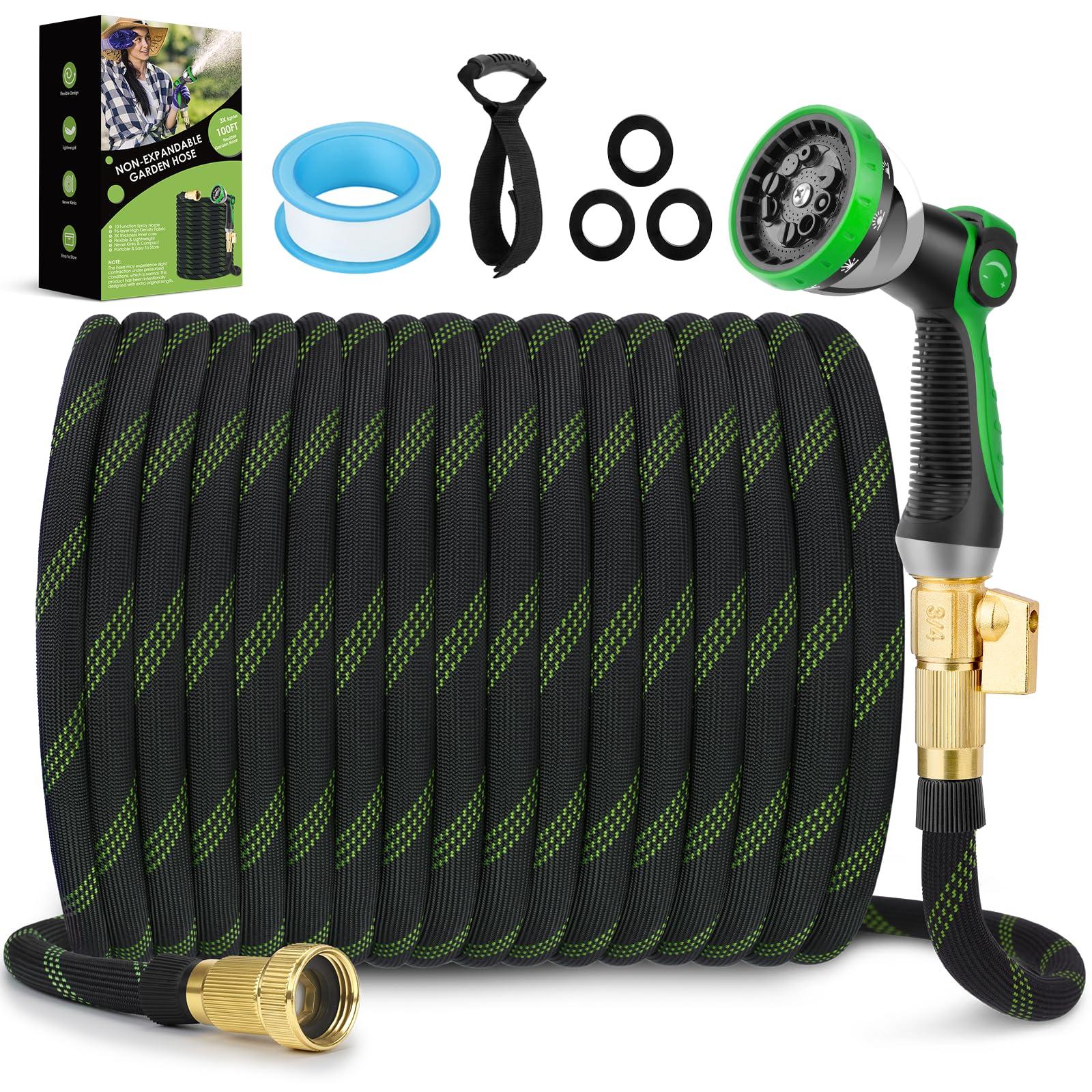 FlexiSolve Garden Hose 100 ft, NON-EXPANDABLE Ultra Lightweight & Flexible Water Hose With 10-Pattern Spray Nozzle, Kink-Resistant, Leak-Proof, 3750D High-Density Fabric & Shut-Off Valve, Hose Straps