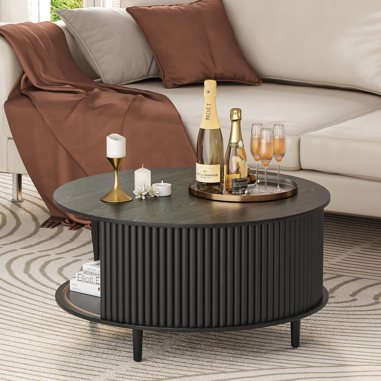 JOINICE,Round Coffee Table with Storage, Fluted Center Table with Sliding Cabinet Door, Drum Dining Table for Living Room, Home Small Space, 31.5", Black - Image 6