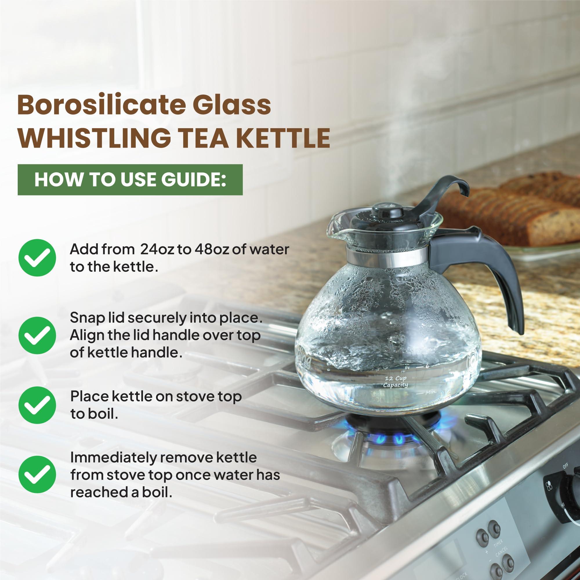 Borosilicate Glass Stove Top Whistling Tea Kettle - 12 Cup/48oz Capacity - BPA-Free - German Made Glass Kettle for Gas, Electric, and Glass Ranges - Image 7