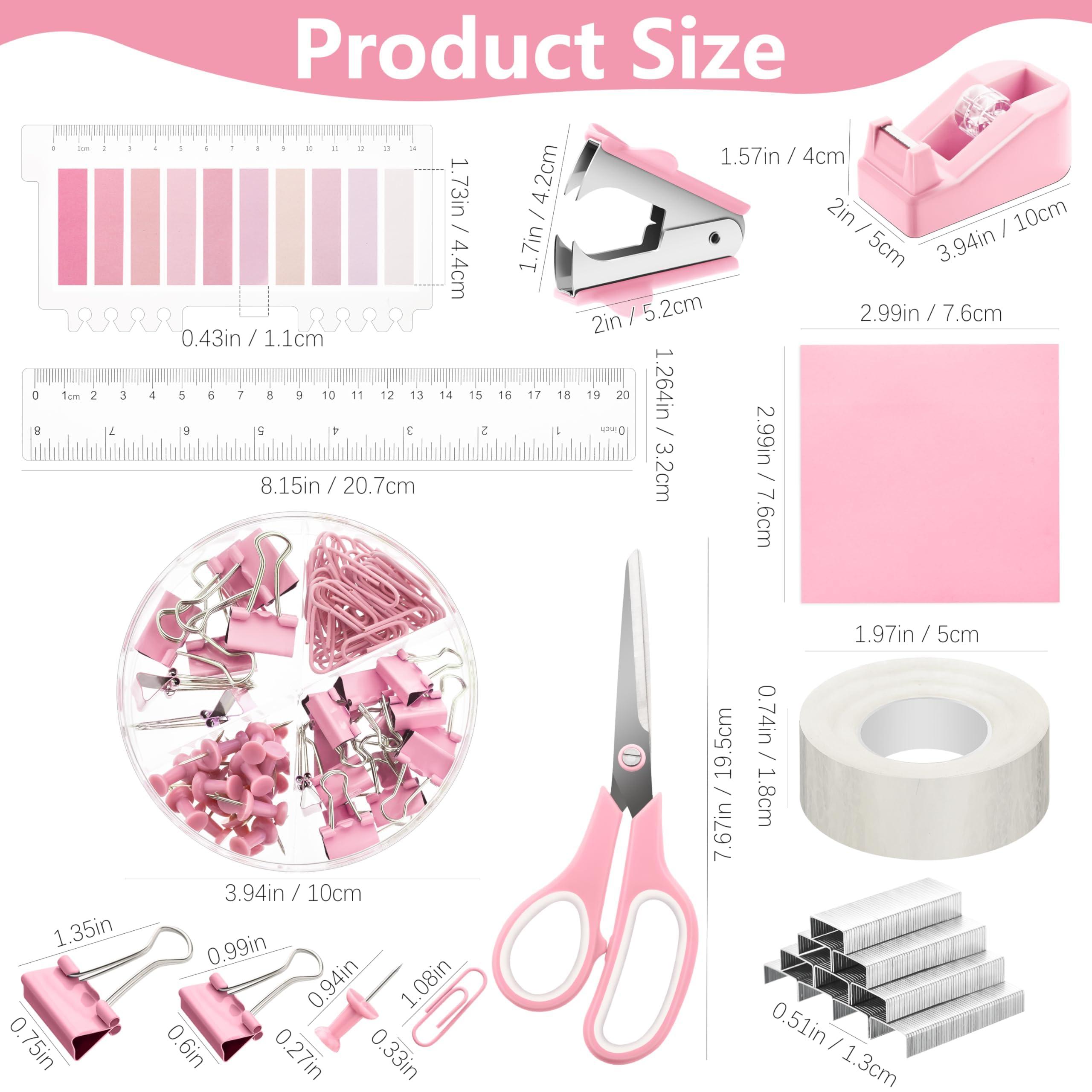 11 Pcs Pink Office Supplies Set Mesh Desk Organizer Accessories Kit Include Stapler Tape Dispenser Staple Remover Clips Ruler Scissors Sticky Notes for Office School Home Women (Pink) - Image 3