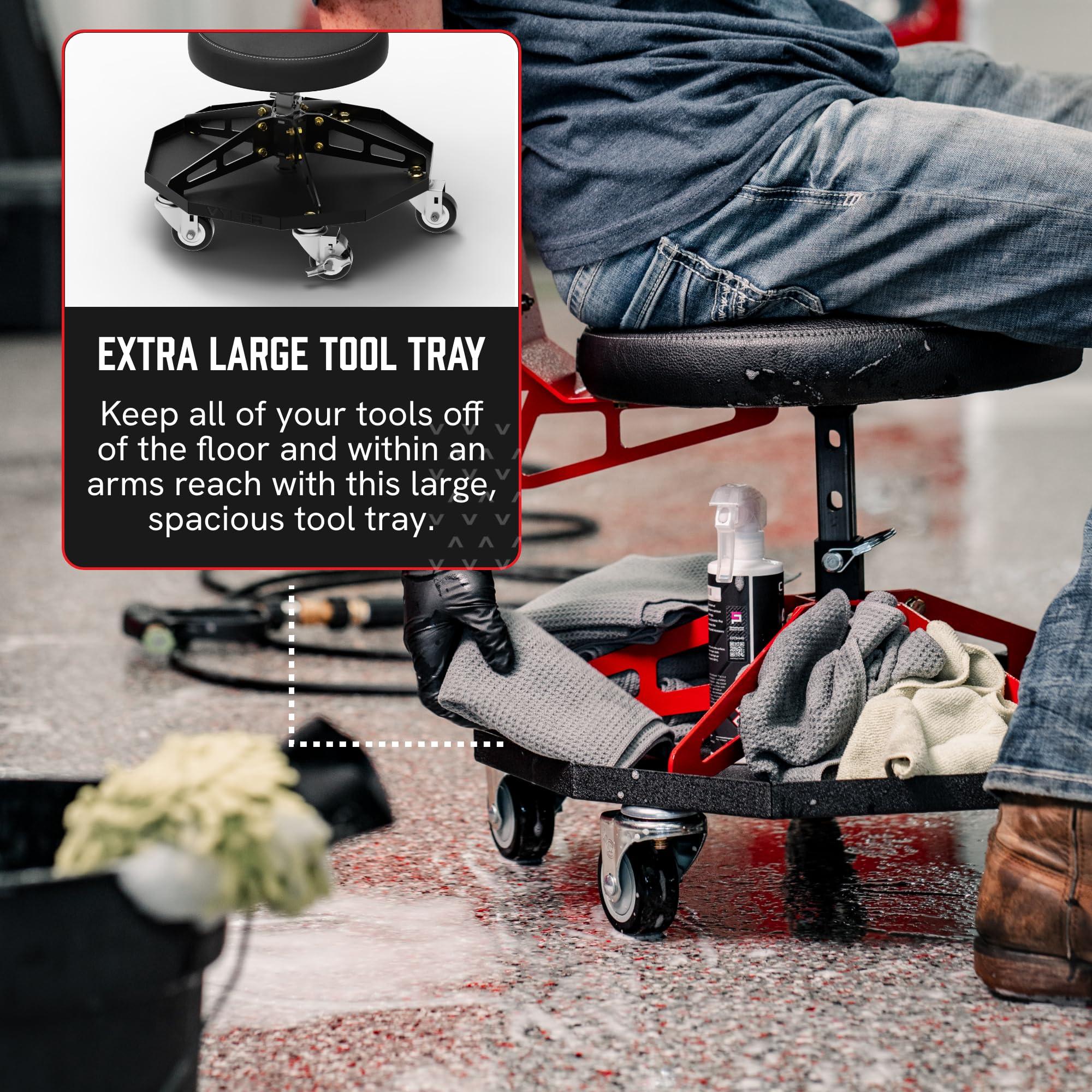 Vyper Robust Steel Sport Shop Chair for Mechanics, Automotive, DIY - 300 lb Capacity Garage Stool with Backrest & Large Wheels (Black Seat, Blue Frame) - Image 8