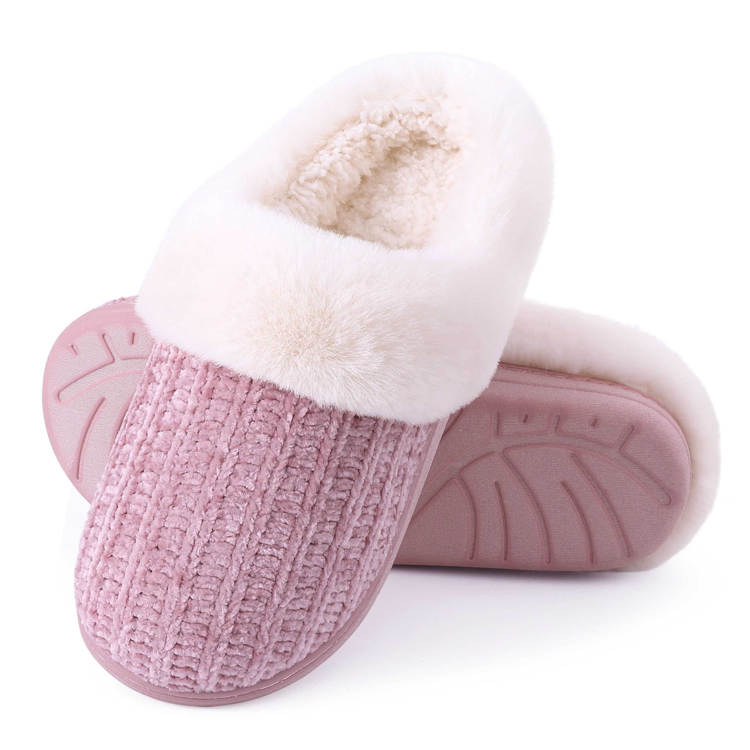 Evshine Warm Knit House Slippers for Women Comfy Wool-Like Lined Chenille Slippers with Memory Foam and Indoor Outdoor Soles