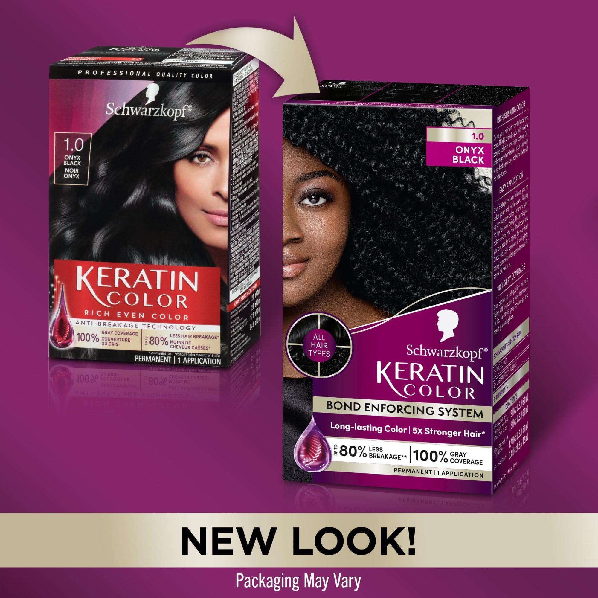Schwarzkopf Keratin Color Permanent Hair Color, 1.0 Black Onyx, 1 Application - Salon Inspired Permanent Hair Dye, for up to 80% Less Breakage vs Untreated Hair and up to 100% Gray Coverage - Image 3
