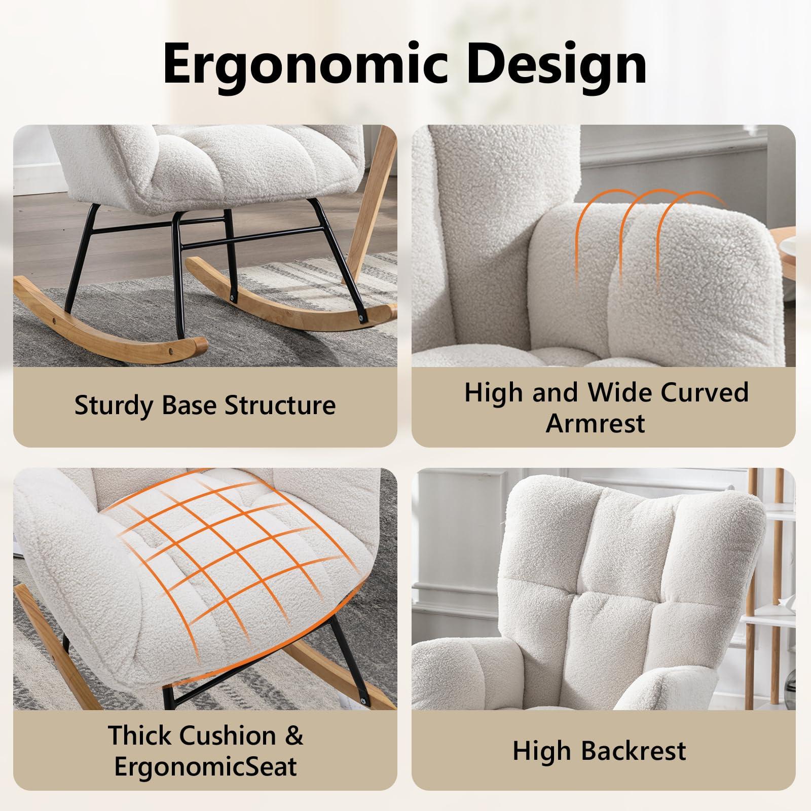 NIOIIKIT Nursery Rocking Chair Teddy Upholstered Glider Rocker Rocking Accent Chair Padded Seat with High Backrest Armchair Comfy Side Chair for Living Room Bedroom Offices (Ivory Teddy) - Image 4