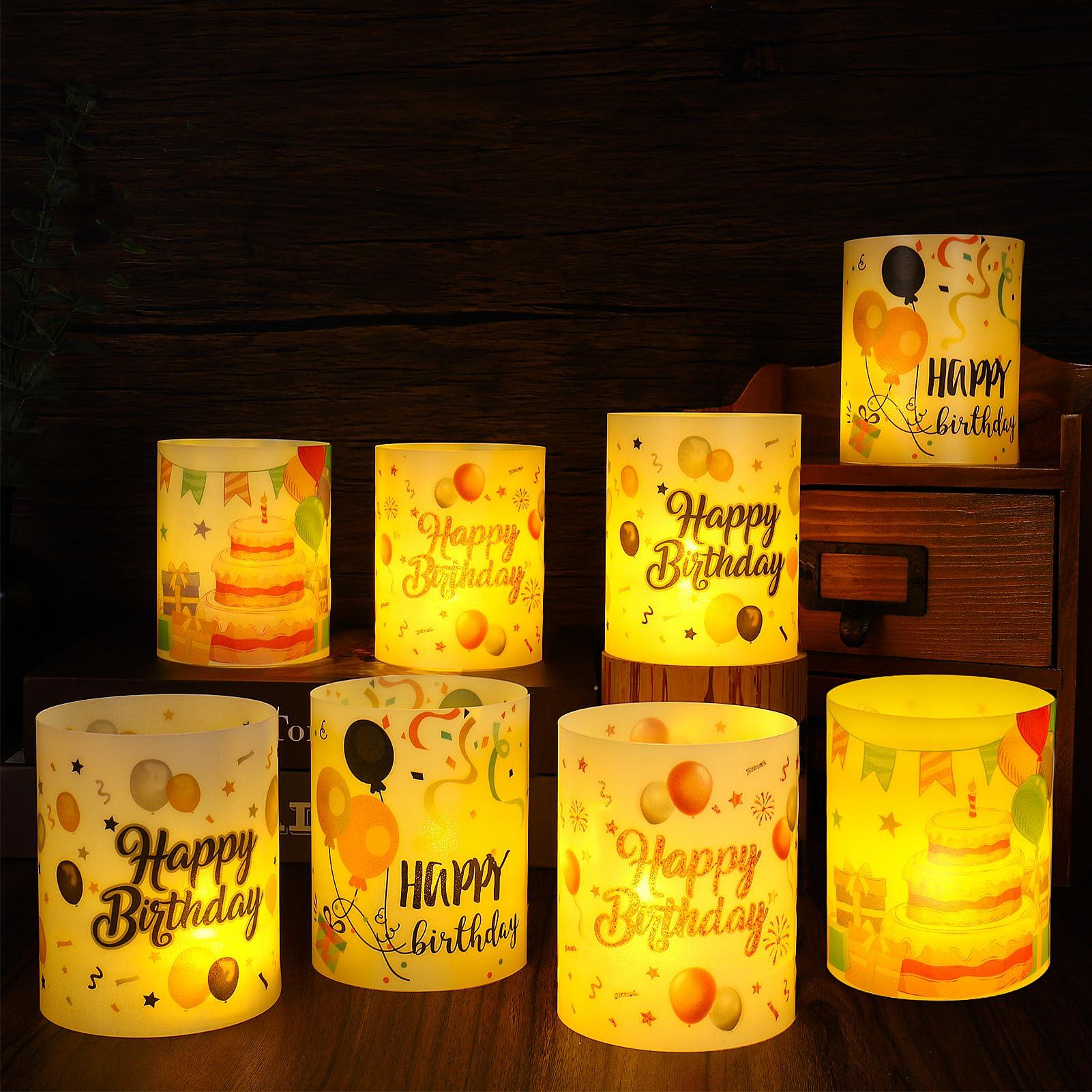 Happy Birthday Table Decorations, 8 Sets Birthday Centerpieces Lantern Boxes & LED Tea Lights, Flameless Votive Candle Holders Shade Cover Sleeve for Table Desk Home Room Indoor Office Party Supplies