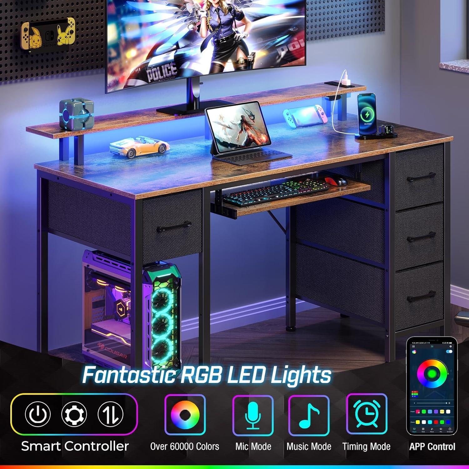 Seventable Computer Desk 55.1" with LED Lights & Power Outlets, Home Office Desk with 4 Drawers, Writing Desk with Keyboard Tray, Study Table with Monitor Stand, Work Table for Office, Rustic Brown - Image 4