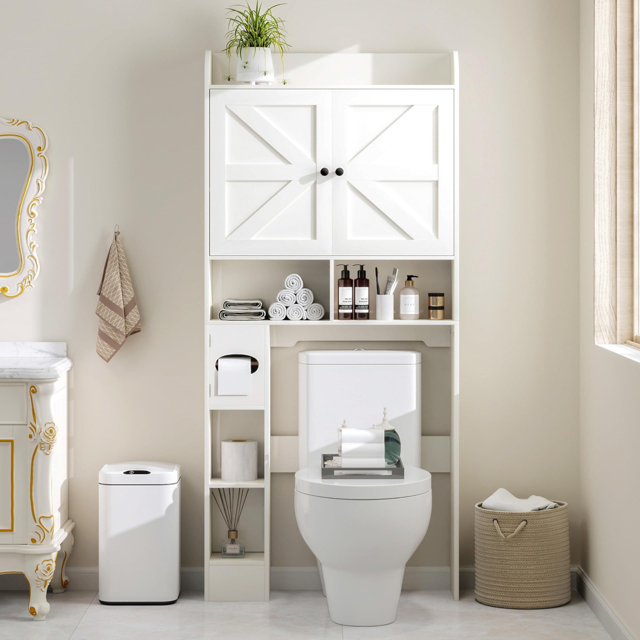 MUUEGM Over The Toilet Storage Cabinet with Barn Doors, White Bathroom Organizer Shelf, Tall Bathroom Storage Cabinet with Toilet Paper Holder, Above Toilet Cabinet for Restroom, Laundry