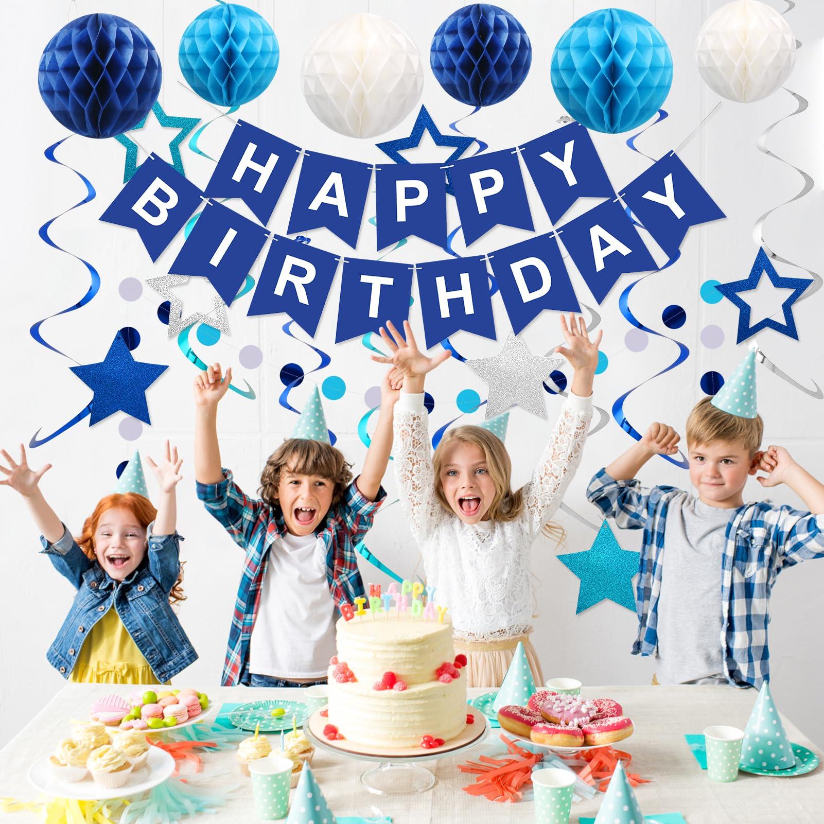 meowtastic Birthday Decorations, Happy Birthday Banner with Honeycomb Balls, Stars Hanging Swirl Streamers, Circle Dots Garland, Happy Birthday Party Decorations for Women Men Boys Girls (Blue) - Image 2