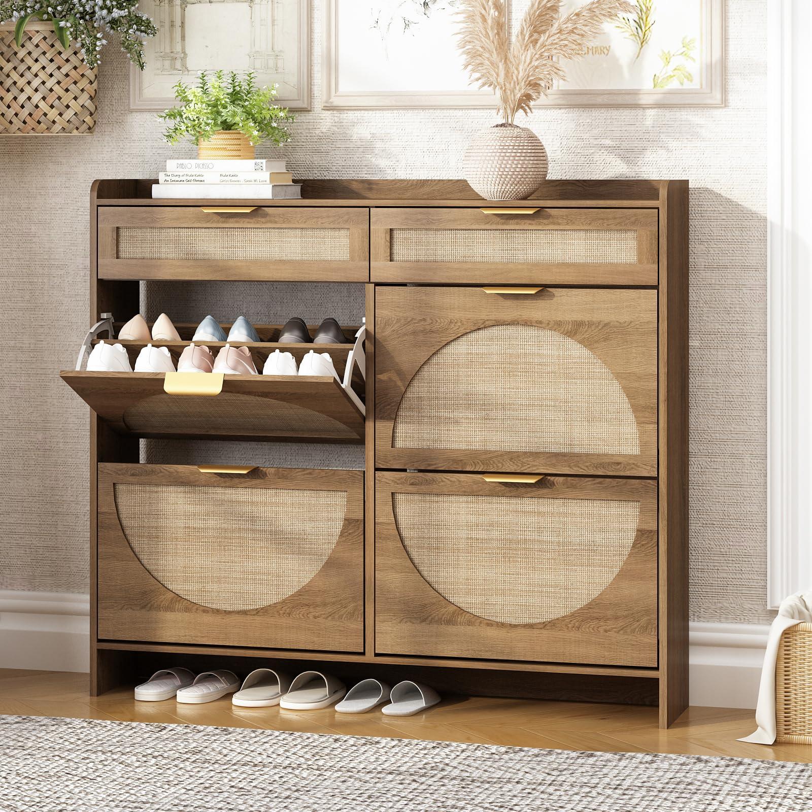 WINWY Rattan Shoe Storage Cabinet with 4 Flip Drawers & 2 Drawers, Freestanding Organizer for Front Door Entrance, Hidden Narrow Shoe Rack Cabinet Storage for Entryway, Rustic Oak Rattan