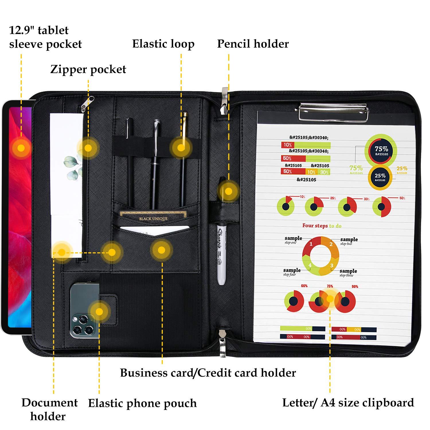 ProCase Portfolio Business Padfolio Folder with Zipper, Conference Meeting Executive File Legal Document Organizer with Pockets Letter Size A4 Writing Pad Notepad Padfolio for Father's Day Gift -Black - Image 2