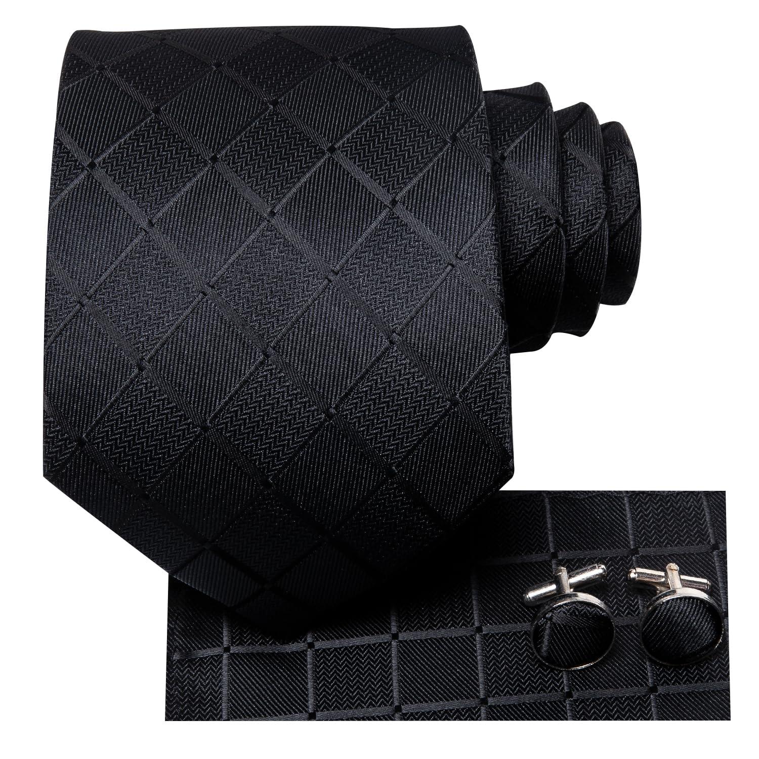 Hi-Tie Mens Plaid Ties Classic Paisley Necktie with Handkerchief Cufflinks Set Business Stripe Tie - Image 2
