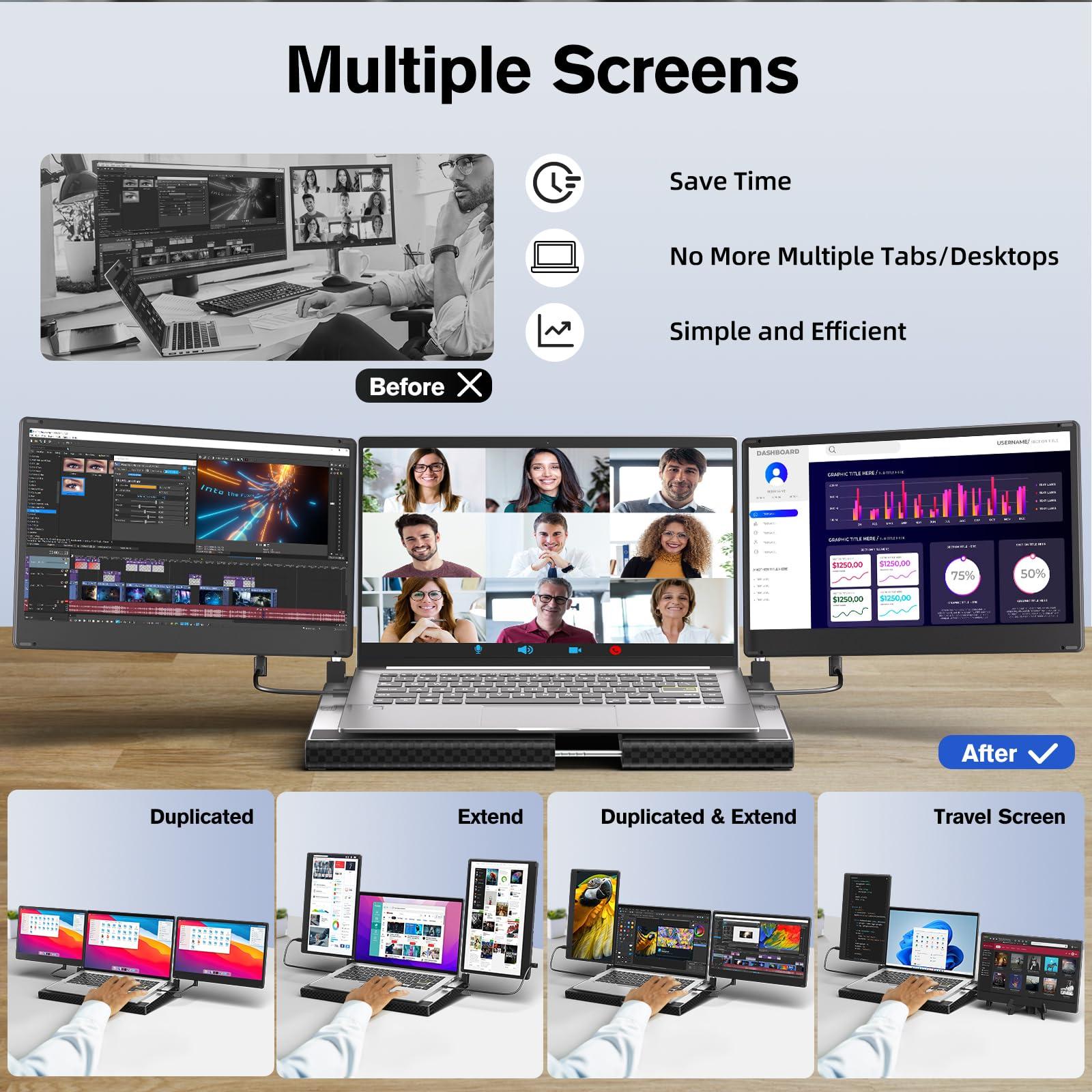 AOKER Laptop Triple Screen Extender - 14" Monitor IPS FHD 1080P HDMI USB-C Detachable Portable Display for 12-17.3 Inch Laptops Compatible with Windows Mac Chrome Surface Metal Base Travel Work Setup - Image 5