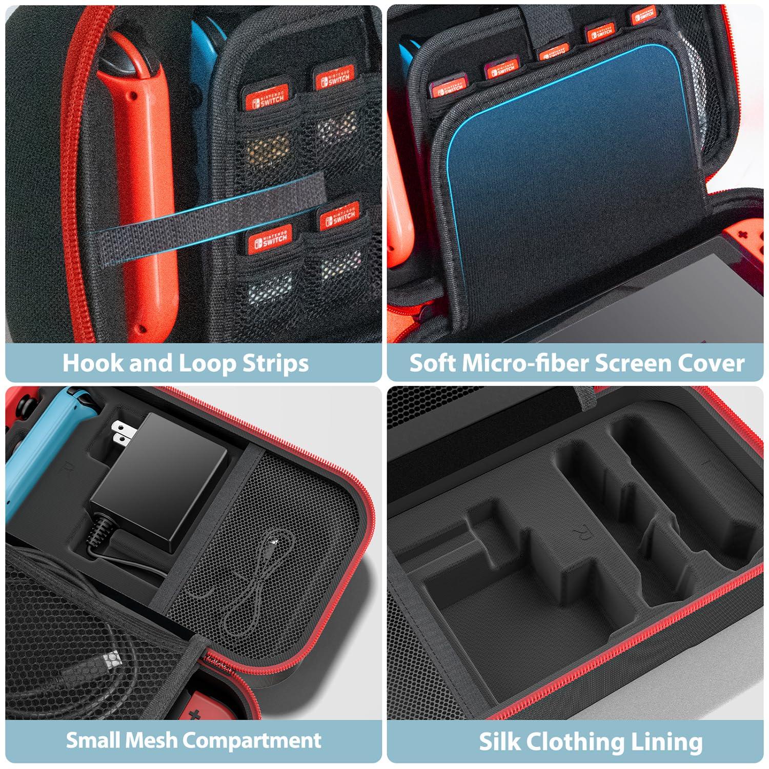 Switch OLED Carrying Case Compatible with Nintendo Switch & Switch OLED, Portable Switch Travel Carry Case Fit for Joy-Con and Adapter, Hard Shell Protective Switch Pouch Case with 20 Games, Red - Image 6