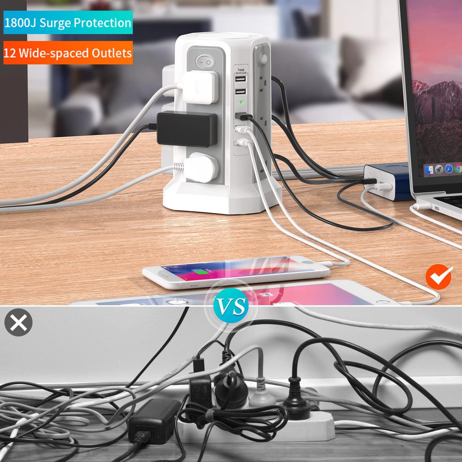 Surge Protector Power Strip Tower with USB C Port(PD18W),10FT Extension Cord with 12 AC Outlets 5 USB Charging Ports, PASSUS Power Tower Surge Protection for Home Office DormRoom - Image 6