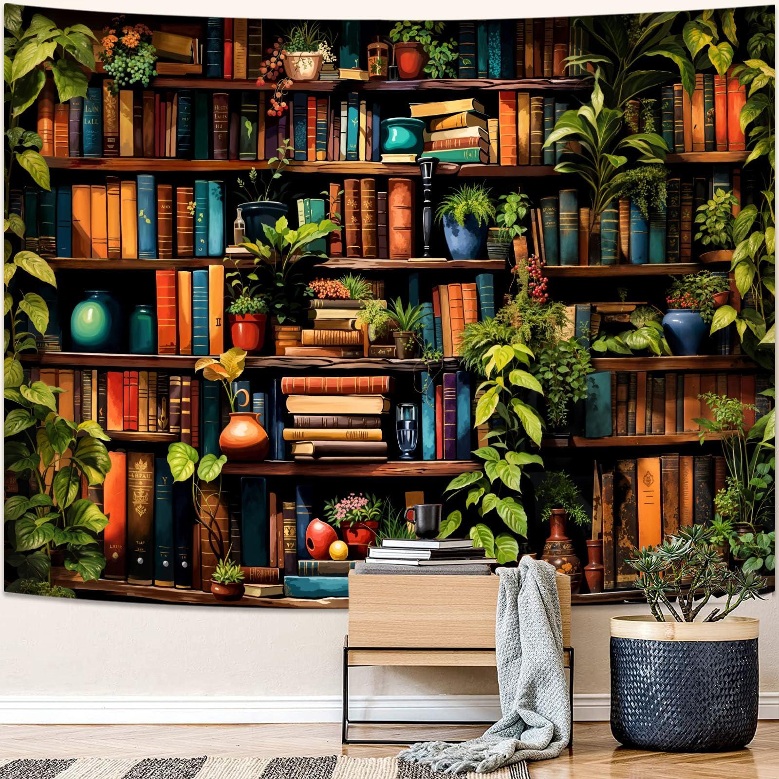 Accnicc Botanical Bookshelf Tapestry Lush Green Plant Book Shelf Tapestries Wall Hanging Art Vintage Retro Potted Plants Academics Library Book Tapestry for Bedroom Living Room Dorm 80 x 60 inch - Image 2