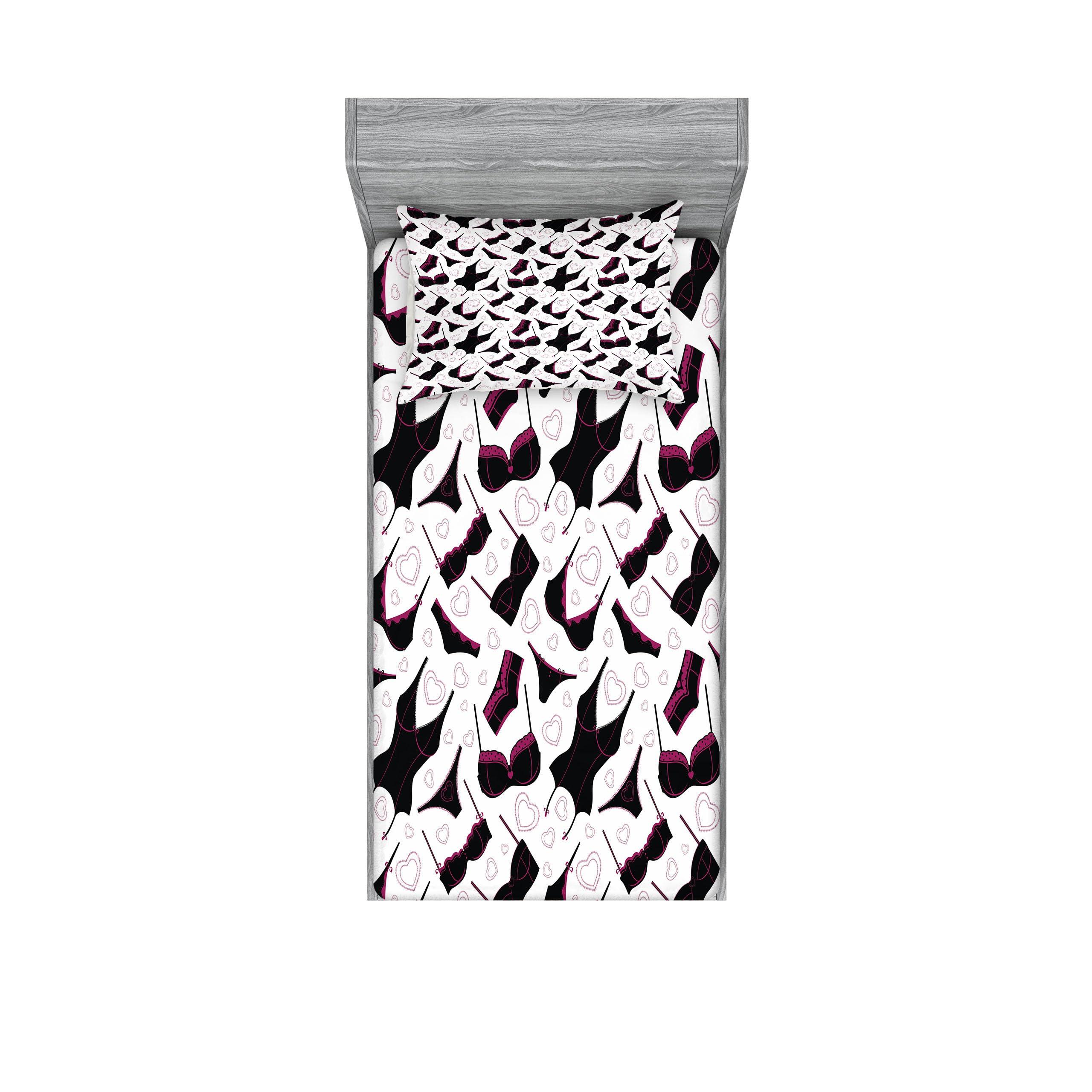 Ambesonne Retro Fitted Sheet & Pillow Sham Set, Lingerie Pattern Brassiere and Panties with Hearts Women`s Fashion Underwear, Decorative Printed 2 Piece Bedding Decor Set, Twinxl, Black Fuchsia White