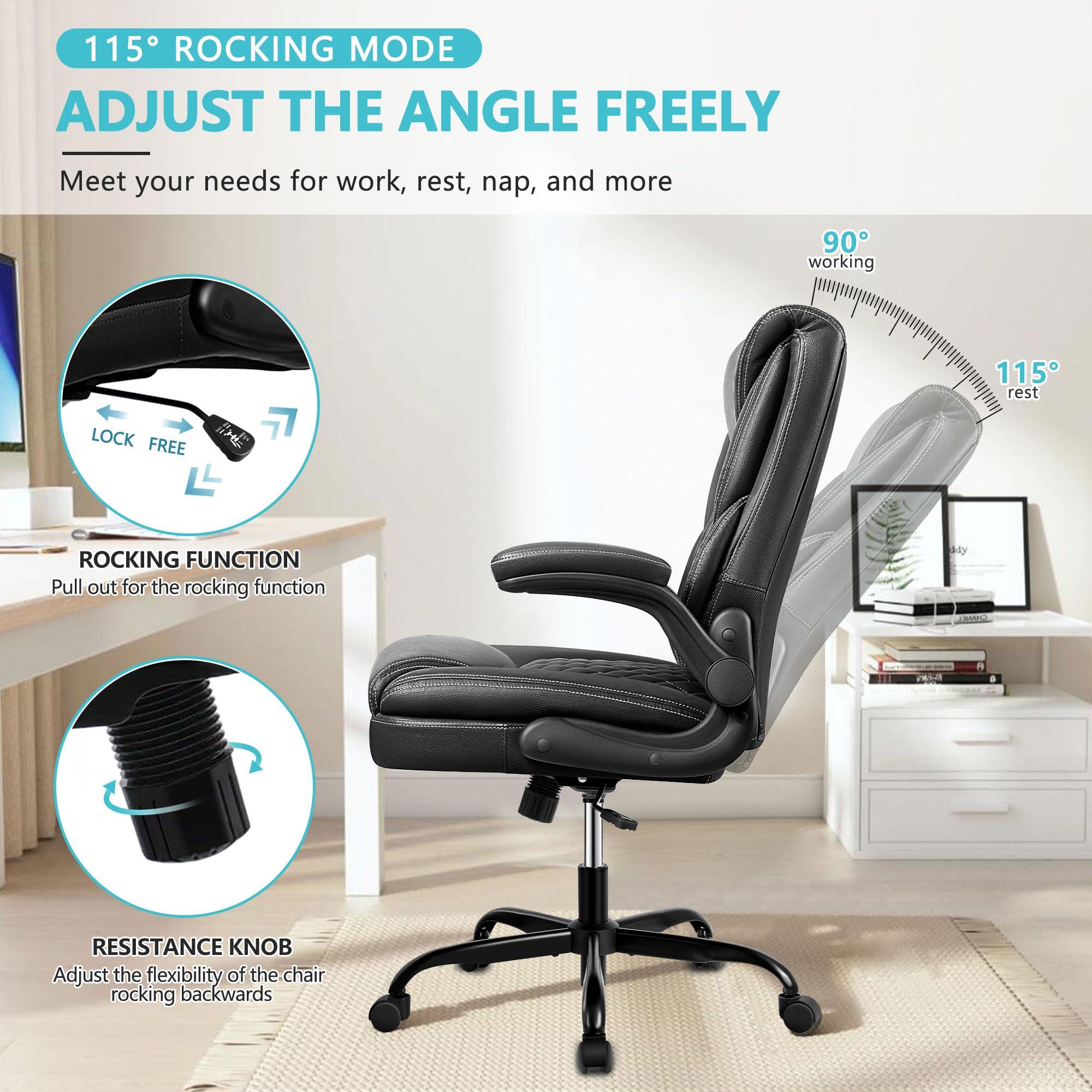 BestEra Office Chair, Executive Leather Chair Home Office Desk Chairs, Ergonomic Computer Desk Chair with Adjustable Flip-Up Arms, Lumber Support Swivel Task Chair with Rocking Function (Black) - Image 5