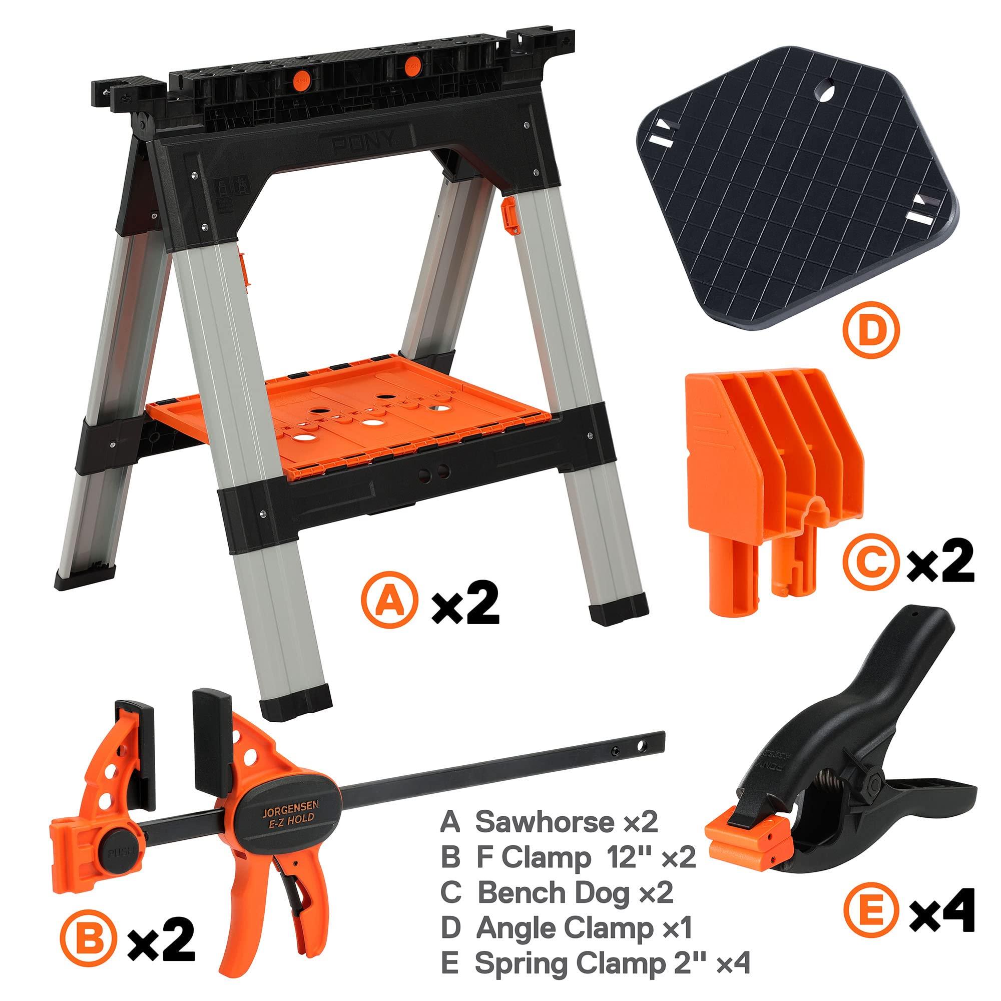 PONY 2-Pack Clamping Sawhorses, 1200 LBS Load Capacity, 30-3/4" Folding Sawhorse with 12” F Clamps, Bench Dogs, Angle Clamps, 2" Spring Clamps, Steel Legs, Heavy Duty for Woodworking - Image 4