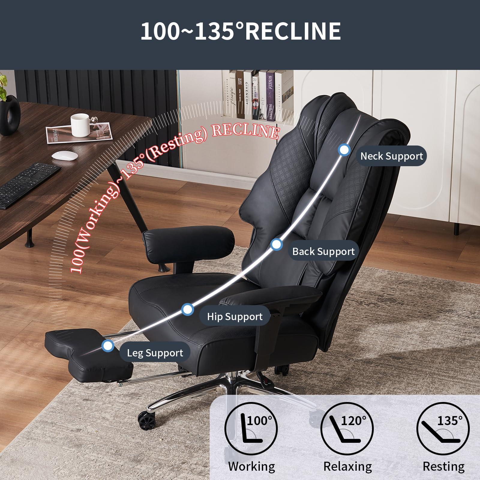 EXCEBET Big and Tall Office Chair 400lbs Wide Seat, Leather High Back Executive Office Chair with Foot Rest, Ergonomic Chairs Lumbar Support for Lower Back Pain Relief (Black) - Image 6