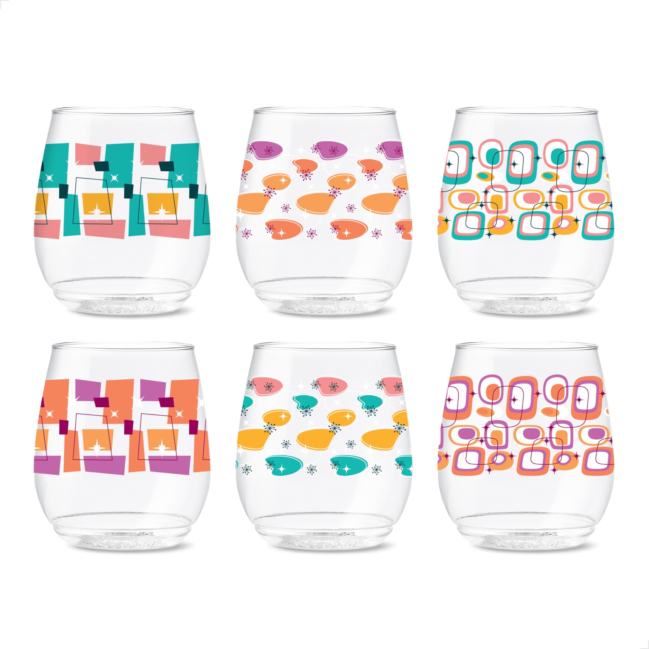 TOSSWARE POP 14oz Vino Mid-Century Retro Series, SET OF 6, Premium Quality, Recyclable, Unbreakable & Crystal Clear Plastic Printed Glasses