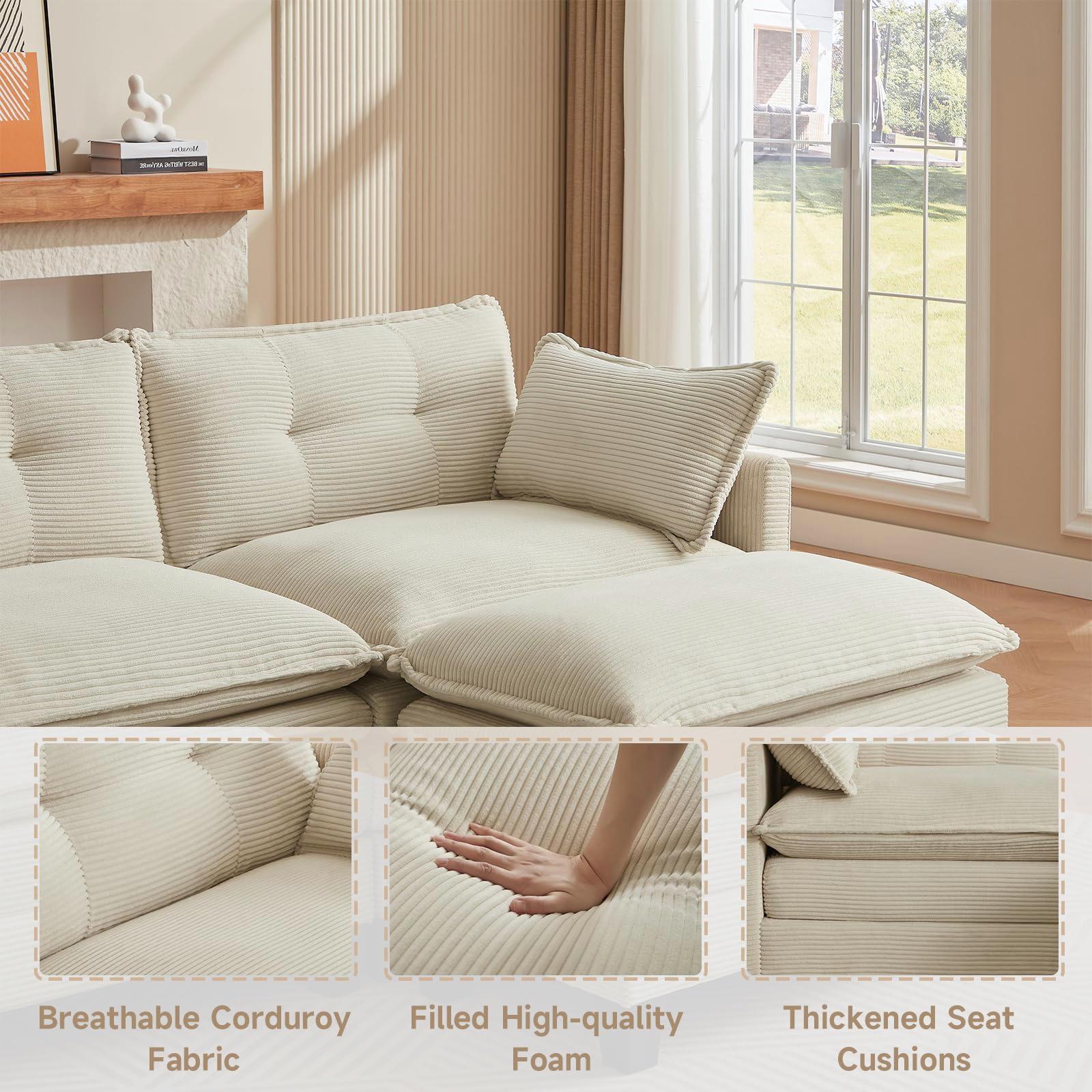 Amsleekey Modular Sectional Sofa, 111.5" U-Shaped Corduroy Comfy Sectional Couches for Living Room, 3-Seater Cloud Couches with 2 Movable Ottomans, Flexible Combination Modern Deep Seat Sofa (Beige) - Image 6