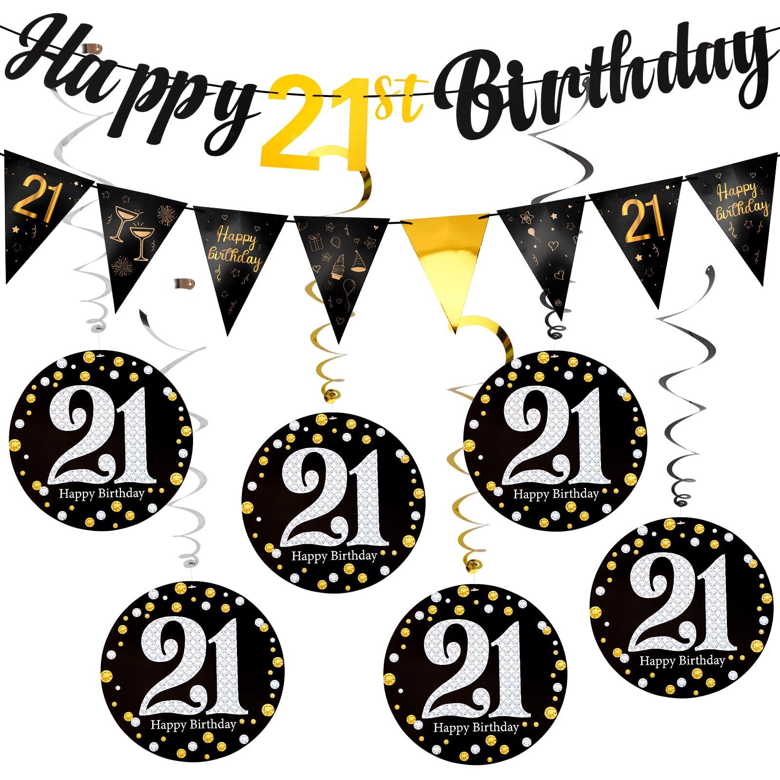 Hapdoo 21st Birthday Decorations Set - 21st Birthday Decorations Men Happy 21 Banner Triangle Flag Hanging Swirls Streamers for Women Men Party Supplies, Black and Gold