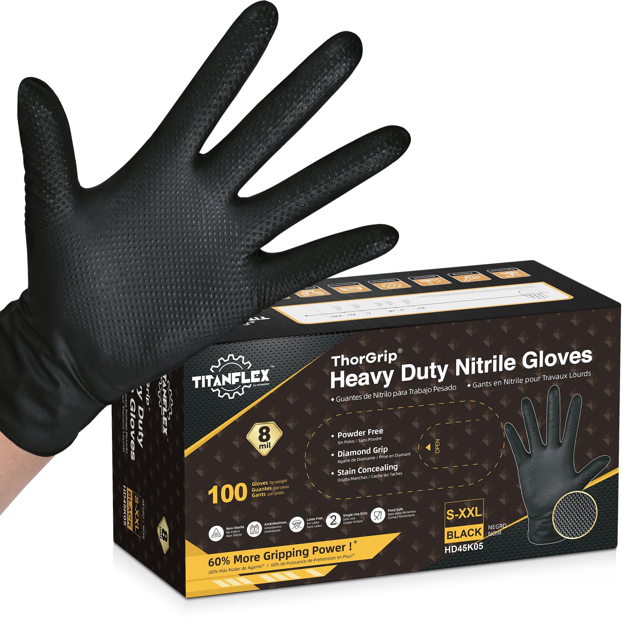 TitanFlex Thor Grip Heavy Duty Black Industrial Nitrile Gloves with Raised Diamond Texture, 8-mil, Latex Free