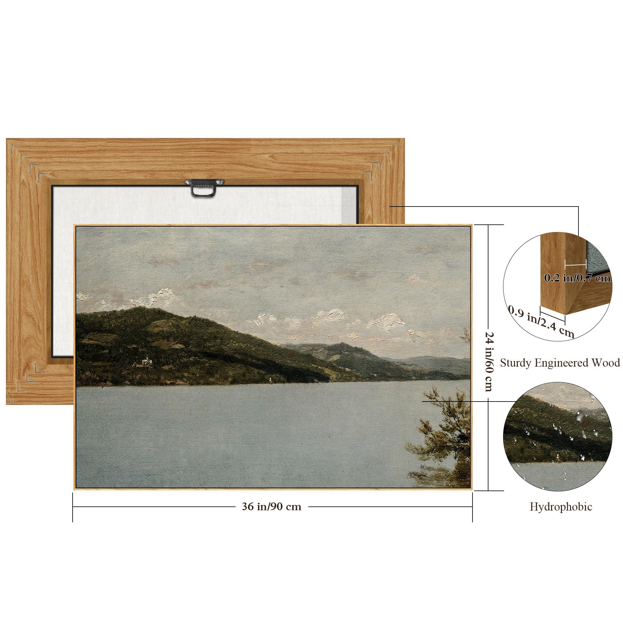 crmotu Framed Canvas Wall Art, Lake Landscape Vintage Large Artwork, Nature Scenery Retro Art Prints, Mountain River Moody Wall Painting for Living Room Bedroom Bathroom Office Decor Aesthetic 24x36in - Image 5