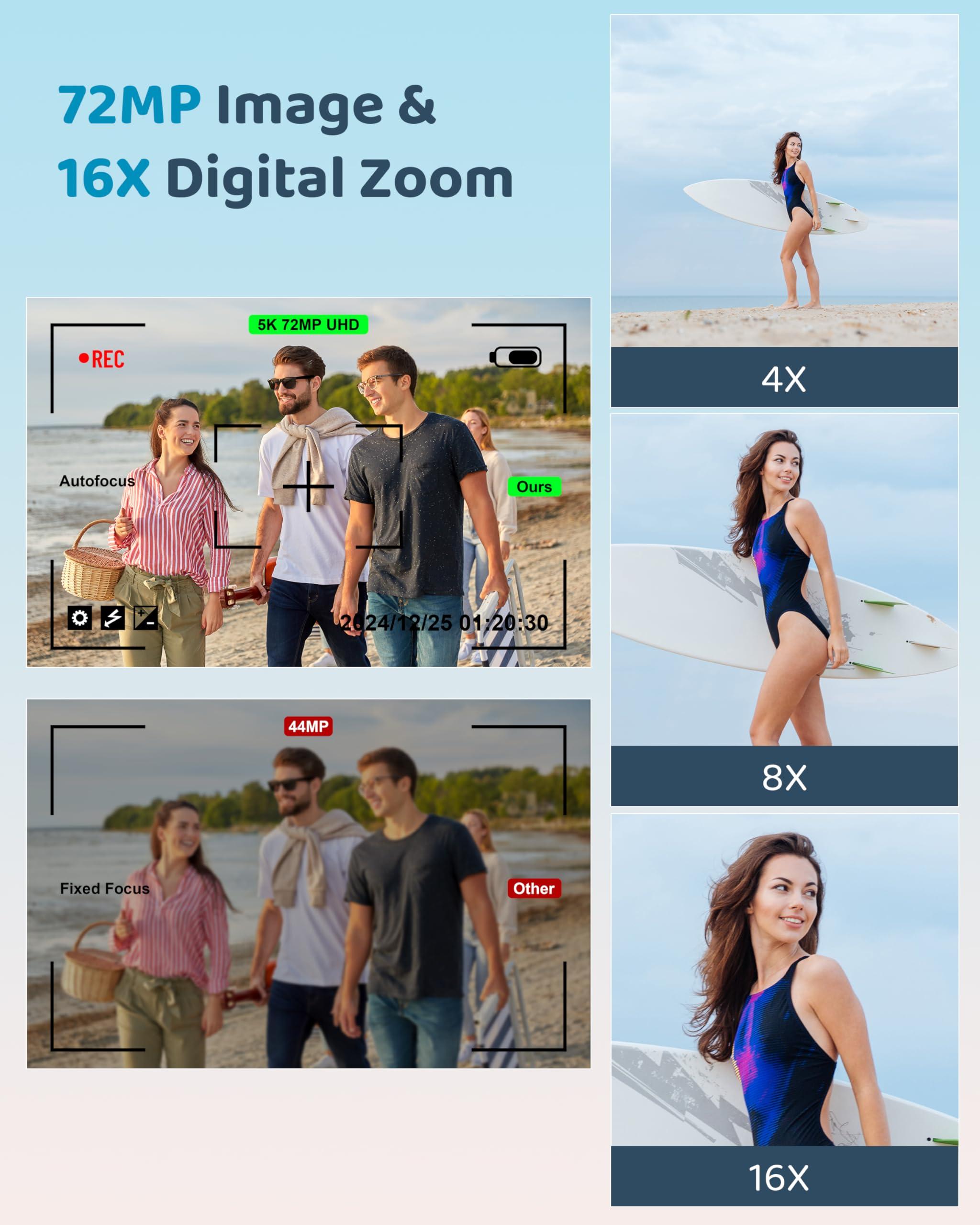 5K Digital Camera - 72MP UHD Digital Cameras for Photography - Autofocus Point and Shoot Small Camera with Flash for Kids - 2.8 Inch Screen Compact Portable Vlogging Camara with 16X Zoom, 32GB SD Card - Image 4