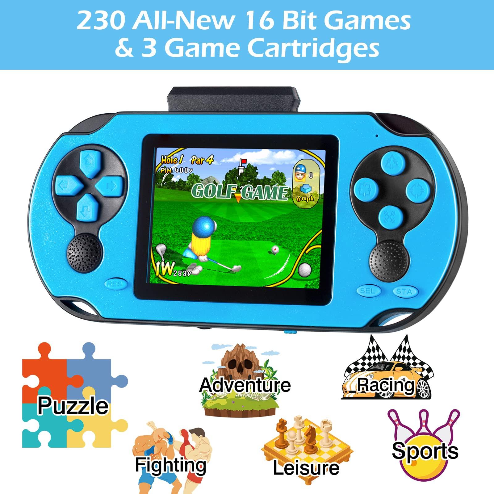 TaddToy 16 Bit Handheld Game for Kids Adults, 3.0'' Large Screen Preloaded 230 HD Classic Retro Video Games with USB Rechargeable Battery & 3 Game Cartridges for Birthday Gift for Kids 4-12 (Blue) - Image 3