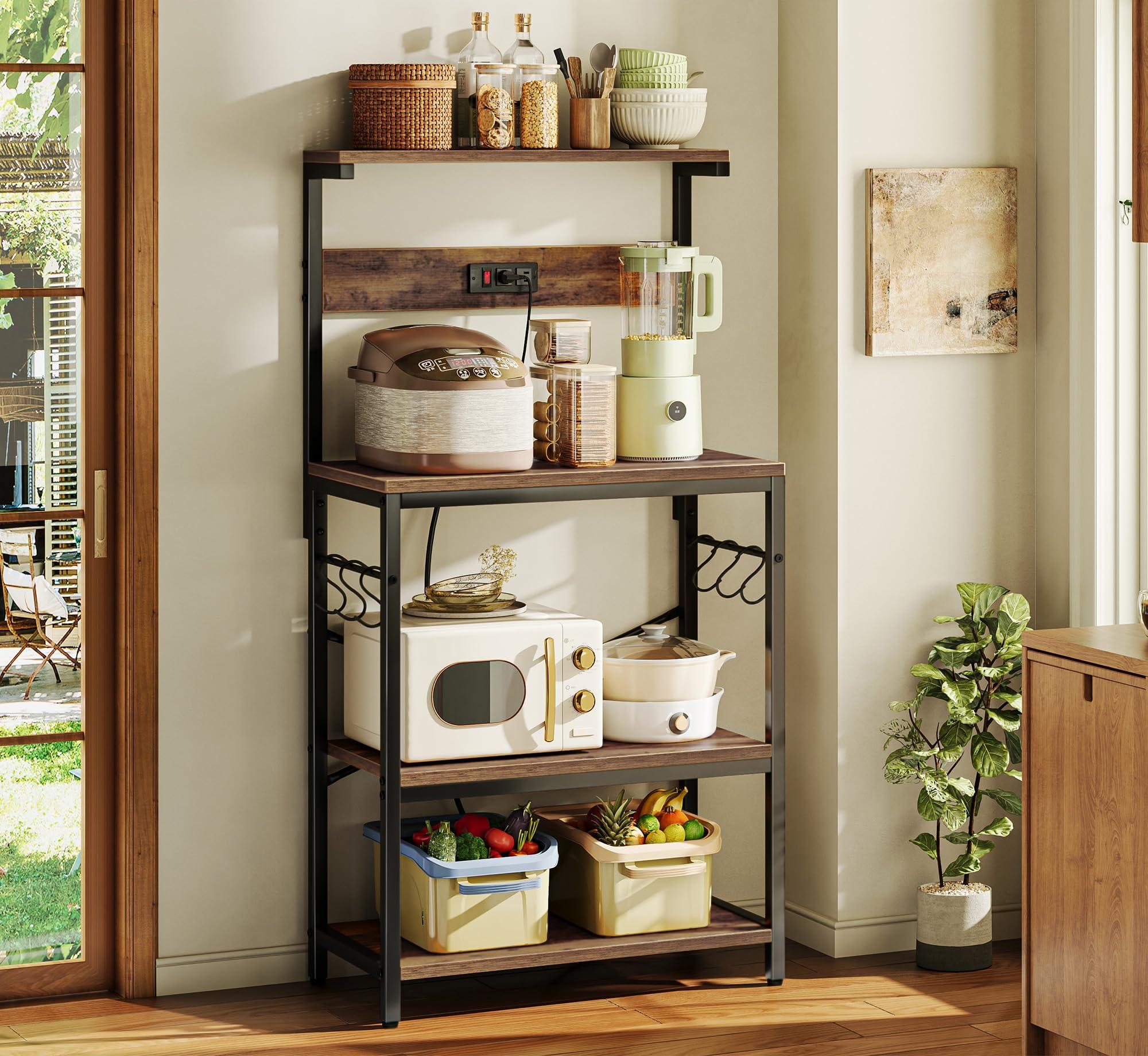 SUPERJARE Kitchen Bakers Rack with Power Outlet, Coffee Bar Table 4 Tiers, Kitchen Microwave Stand with 6 S-shaped Hooks, Storage Shelf Rack for Spices, Pots and Pans - Rustic Brown - Image 2
