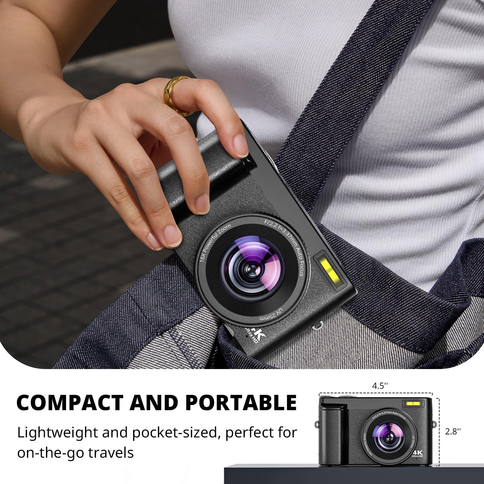 4K Digital Camera for Photography Autofocus, 2024 Latest 48MP Vlogging Camera for YouTube with SD Card, 2 Batteries, 3" 180°Flip Screen Compact Travel Camera for Teens with 16X Zoom, Anti-Shake,Black - Image 5