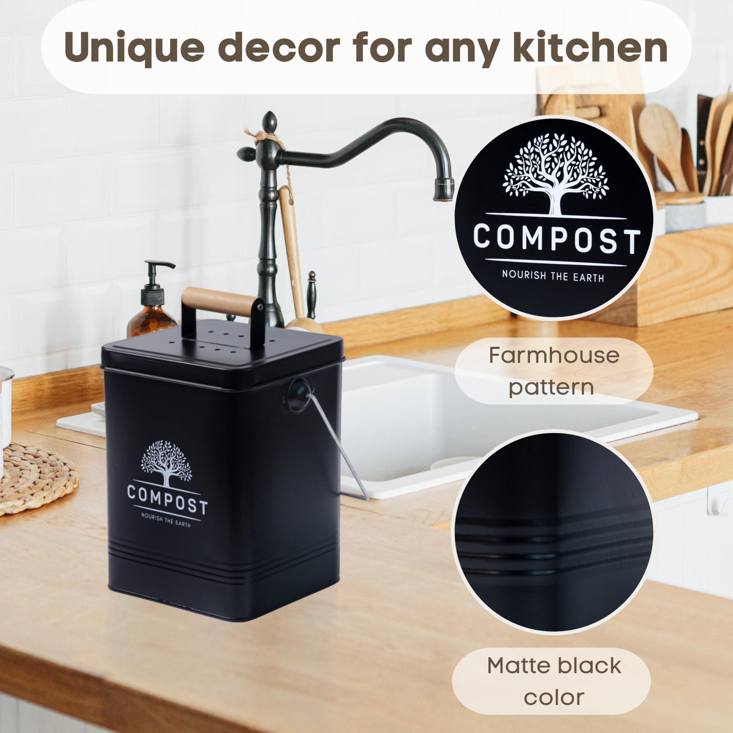 PERFNIQUE Kitchen Compost Bin, 1.7 Gallon Countertop Compost Bin with Lid, Indoor Compost Bin Includes 2 Carbon Filters, Small Compost Bucket, Food Waste Bin for Kitchen with Trash Bags (Matte Black) - Image 5