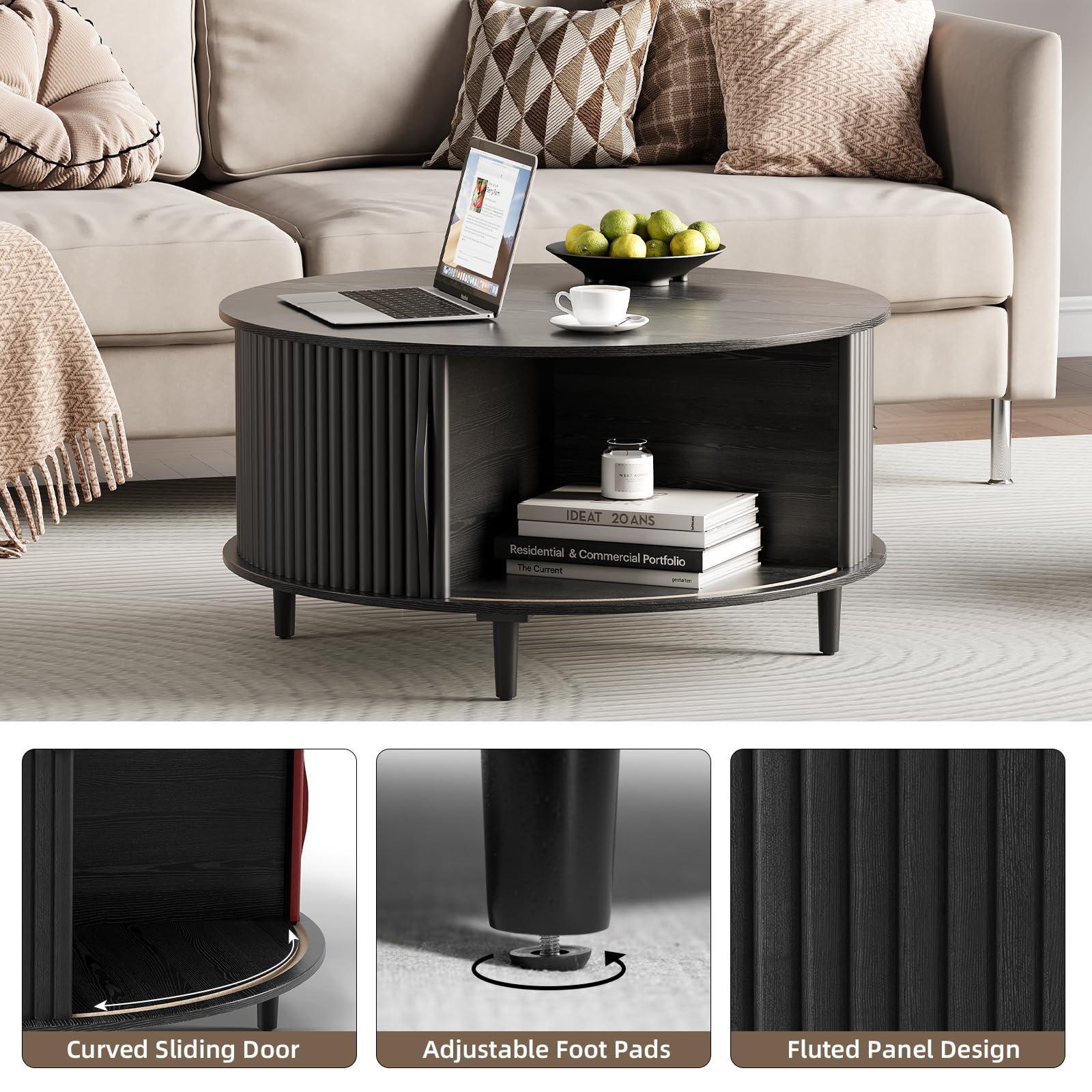 JOINICE,Round Coffee Table with Storage, Fluted Center Table with Sliding Cabinet Door, Drum Dining Table for Living Room, Home Small Space, 31.5", Black - Image 3