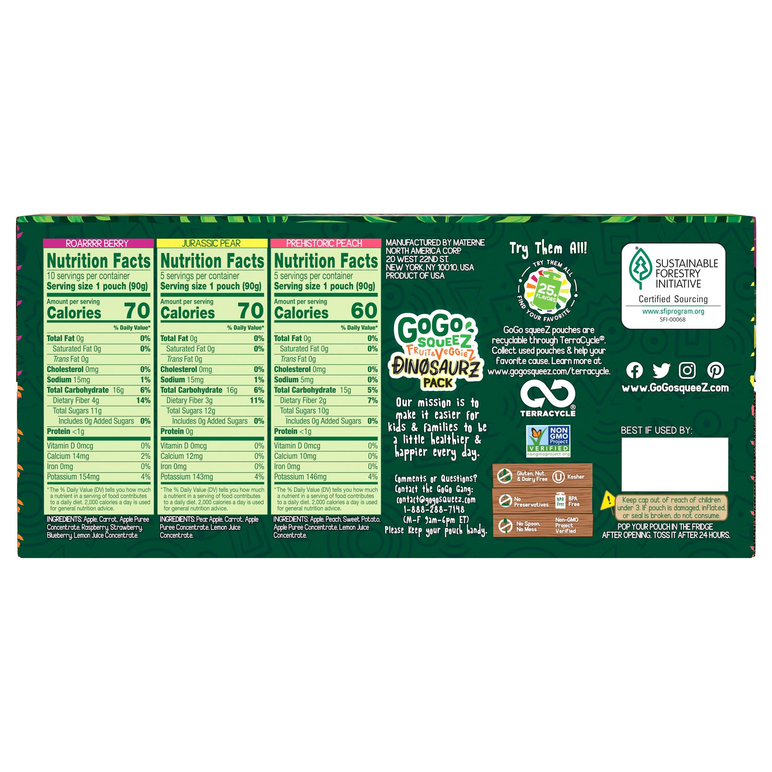 GoGo squeeZ Fruit & veggieZ Applesauce and Puree Variety Pack, Jurassic Pear, Roarrrr Berry & Prehistoric Peach, 3.2 oz (Pack of 20), Unsweetened Snacks for Kids, BPA Free Pouches - Image 2